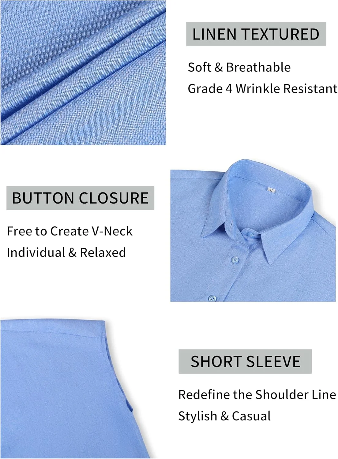 رویسن پیراهن زنانه آستین کوتاه دکمه دار با بافت کتان، بلوز یقه دار، تاپ های تابستانی مقاوم در برابر چروک