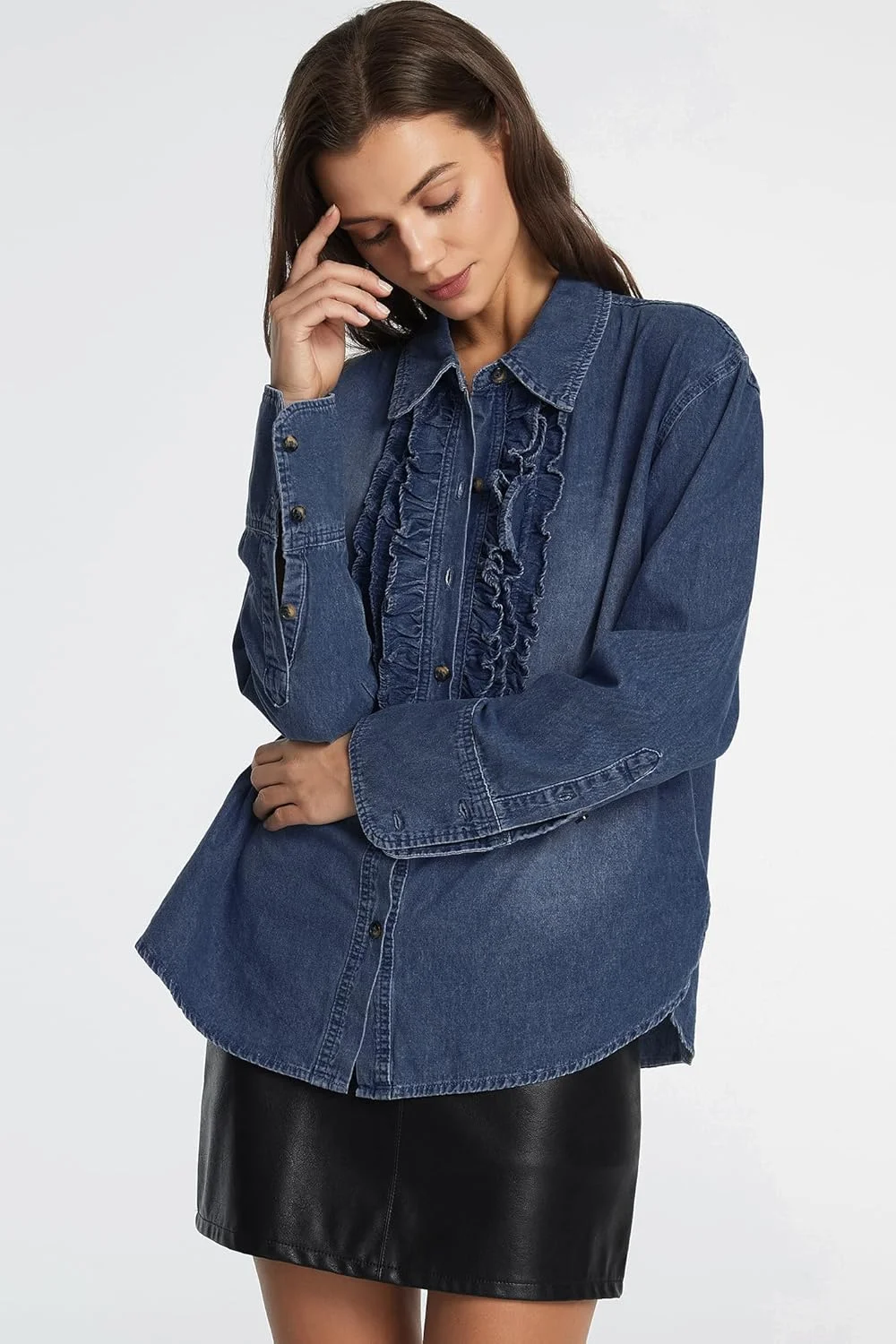 D-Sun پیراهن جین زنانه دکمه دار آستین بلند یقه هفت توری دار بلوز جین شیک و غیر رسمی مدل کت جین