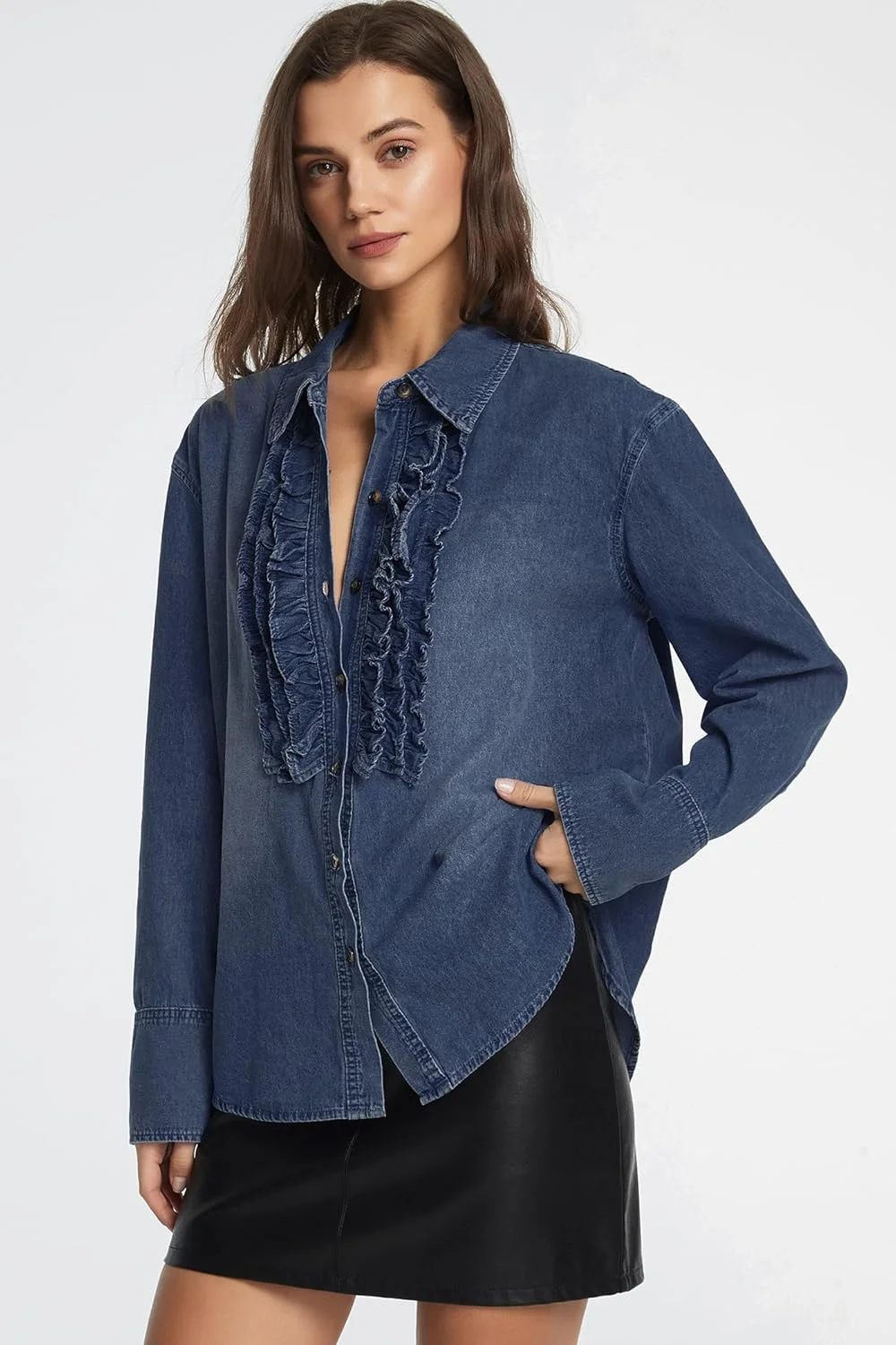 D-Sun پیراهن جین زنانه دکمه دار آستین بلند یقه هفت توری دار بلوز جین شیک و غیر رسمی مدل کت جین