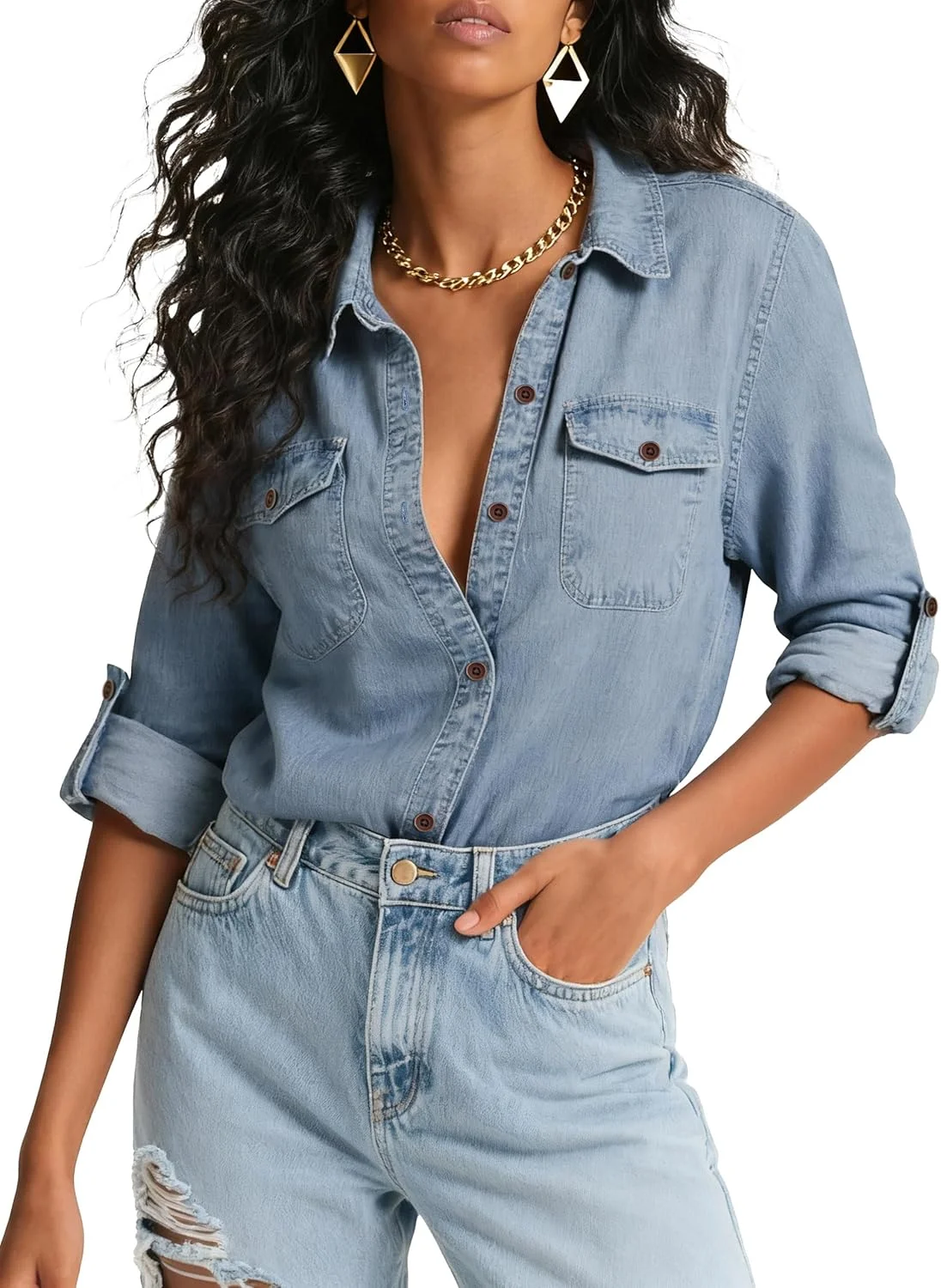 شومیز جین زنانه، بلوز Chambray آستین بلند دکمه دار، بلوز سبک وزن، تاپ های کار وسترن با جیب