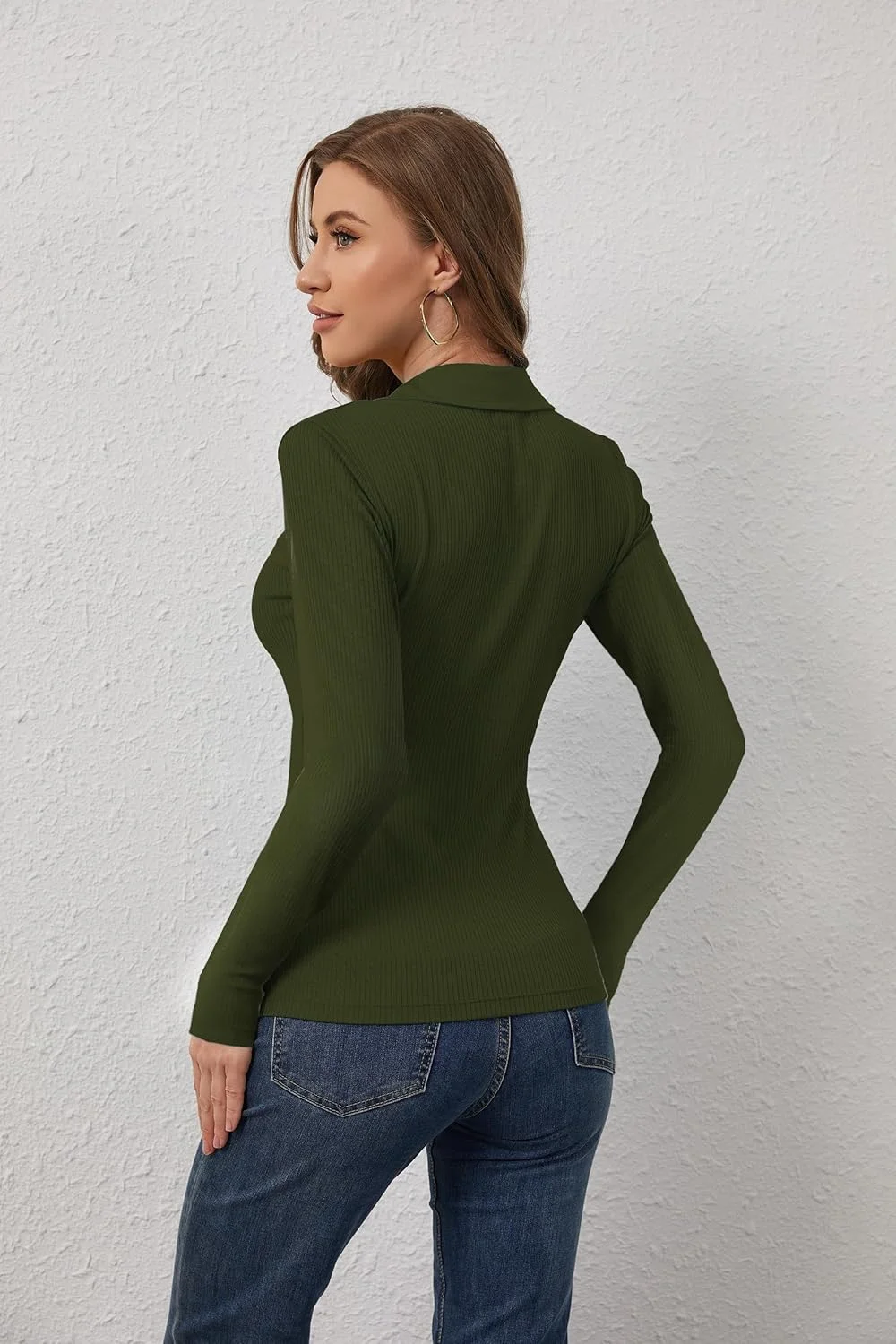 تی شرت زنانه یقه پولو بافتنی راه راه TAIPOVE، بلوز آستین بلند دکمه دار و جمع شده با یقه هفت