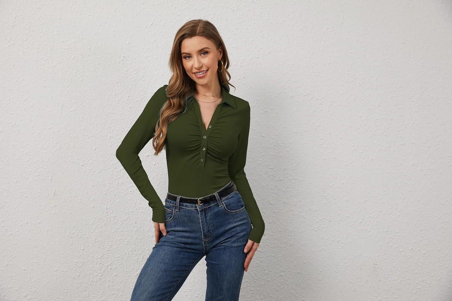 تی شرت زنانه یقه پولو بافتنی راه راه TAIPOVE، بلوز آستین بلند دکمه دار و جمع شده با یقه هفت