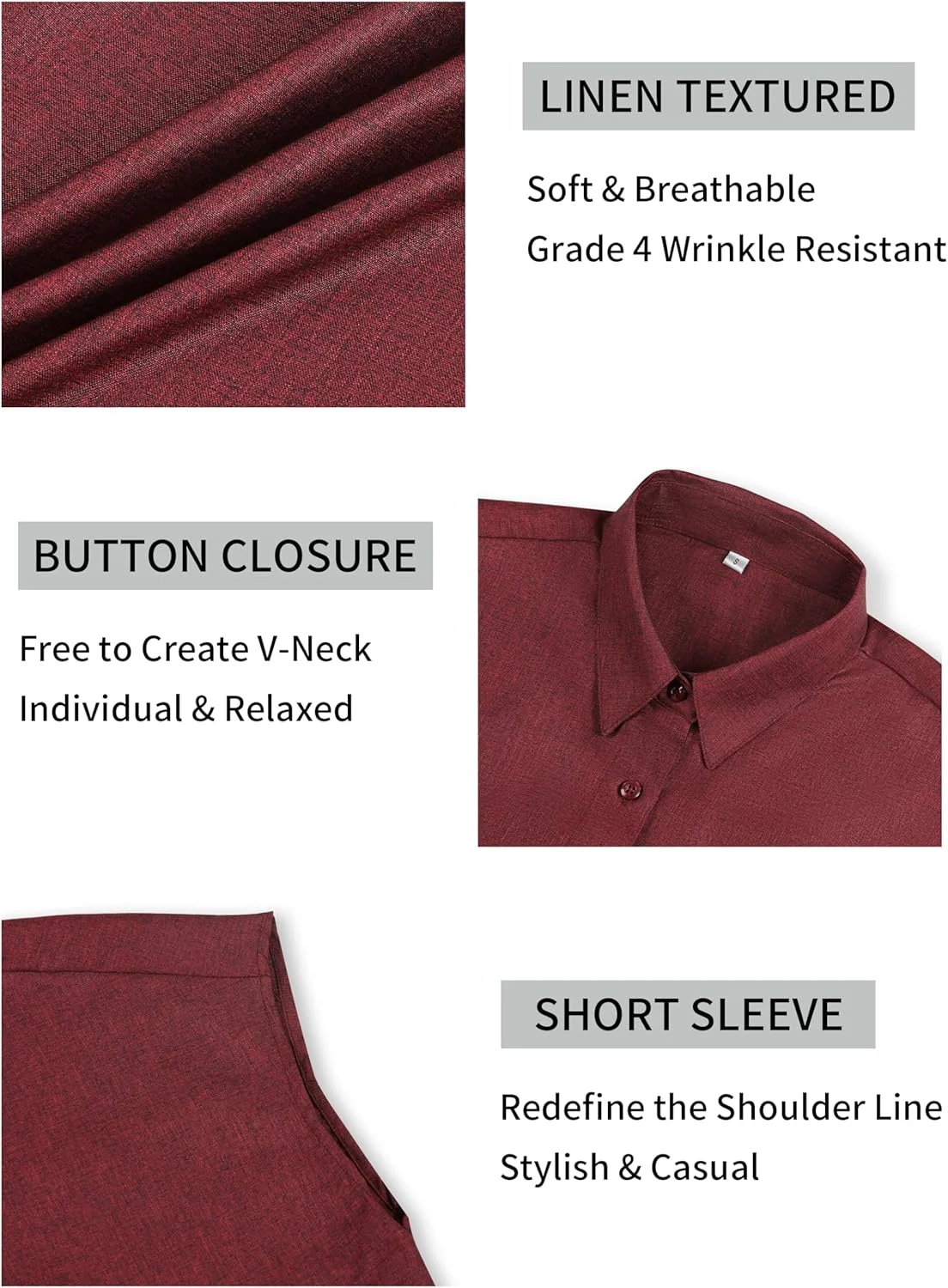 رویسن پیراهن زنانه آستین کوتاه دکمه دار با بافت کتان، بلوز یقه دار، تاپ های تابستانی مقاوم در برابر چروک