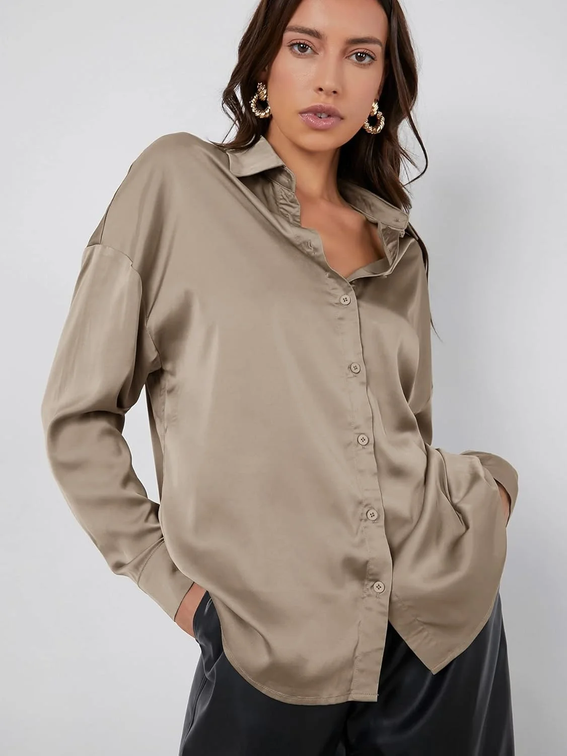 پیراهن زنانه دکمه دار ساتن آستین بلند مناسب کار و استایل کژوال، بلوز ابریشمی