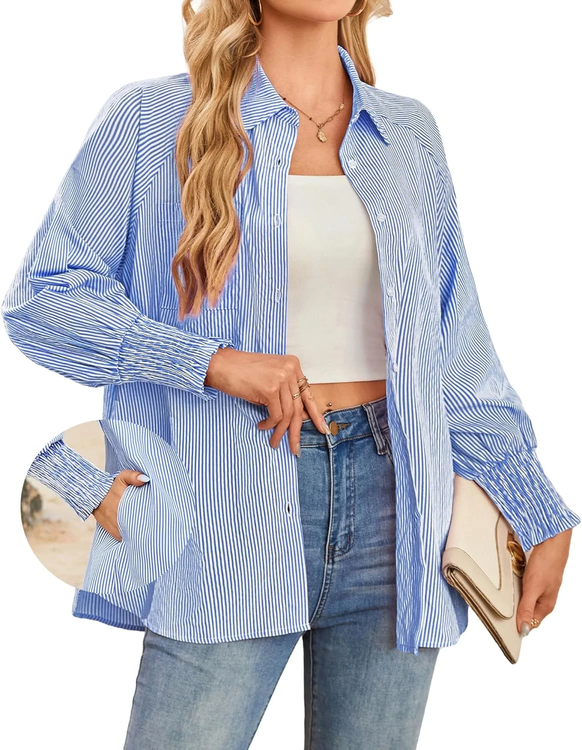 OUGES پیراهن زنانه ترکیبی پنبه ای، مدل بزرگ، یقه مردانه، آستین کشی راه راه، دکمه دار، دارای جیب