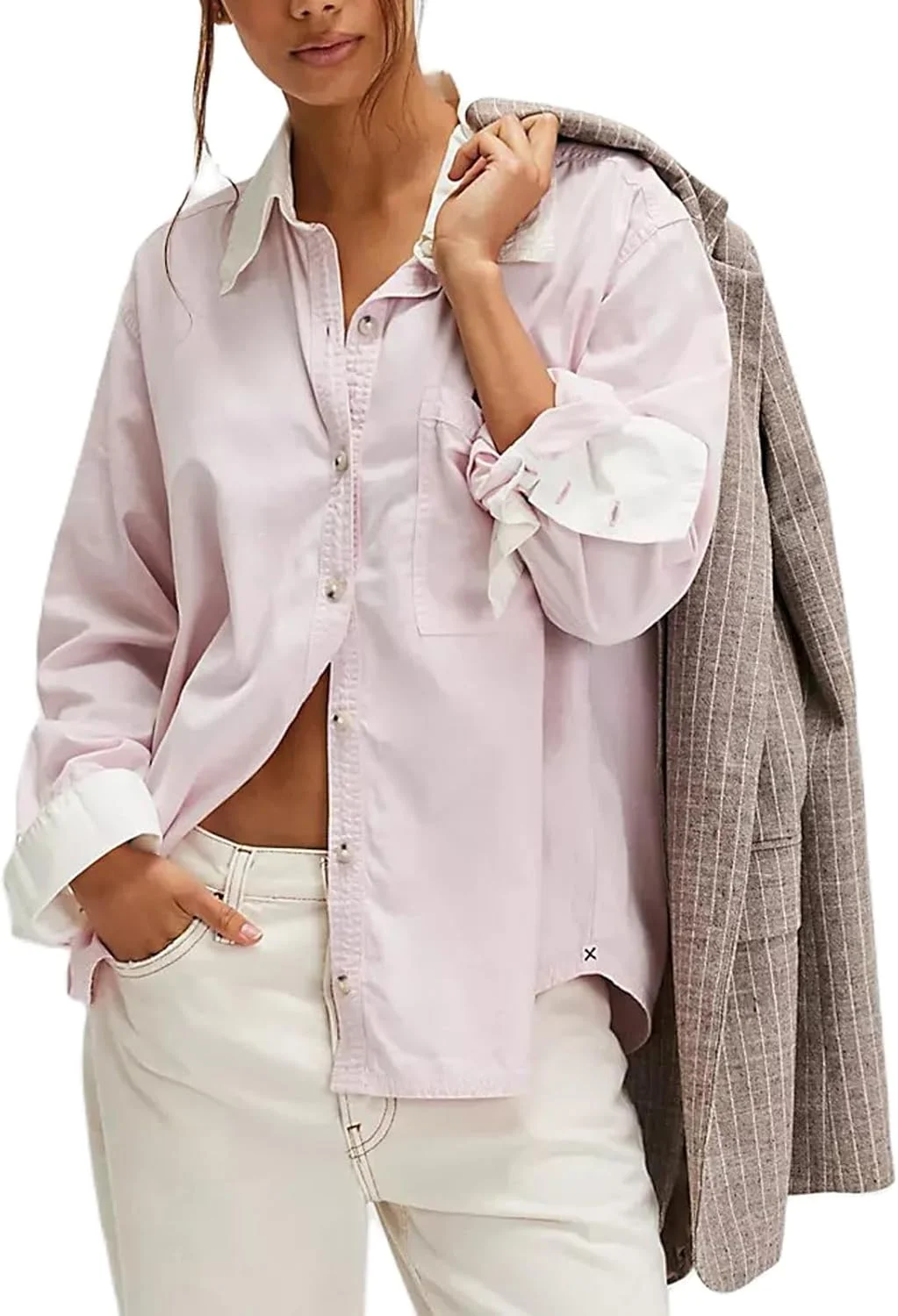 بلوز راه راه دکمه دار زنانه Y2k، آستین بلند، یقه دار، مناسب استفاده روزمره و مهمانی، به همراه جیب