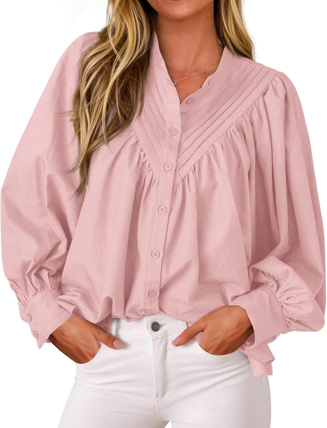 بلوز زنانه کیروندو، آستین پفی بلند، دکمه دار، مدل آزاد، یقه هفت، پلیسه دار، مناسب پاییز
