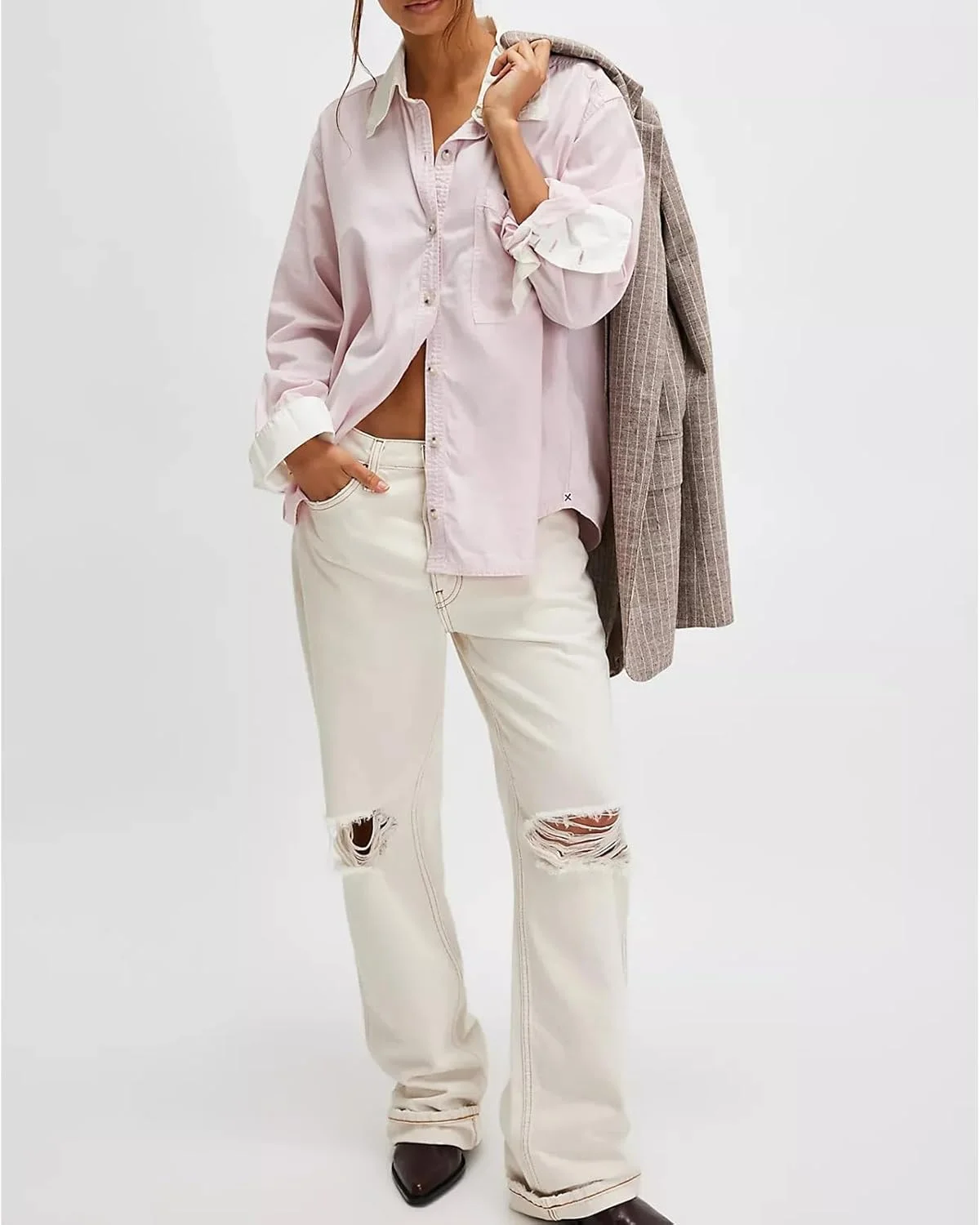 بلوز راه راه دکمه دار زنانه Y2k، آستین بلند، یقه دار، مناسب استفاده روزمره و مهمانی، به همراه جیب