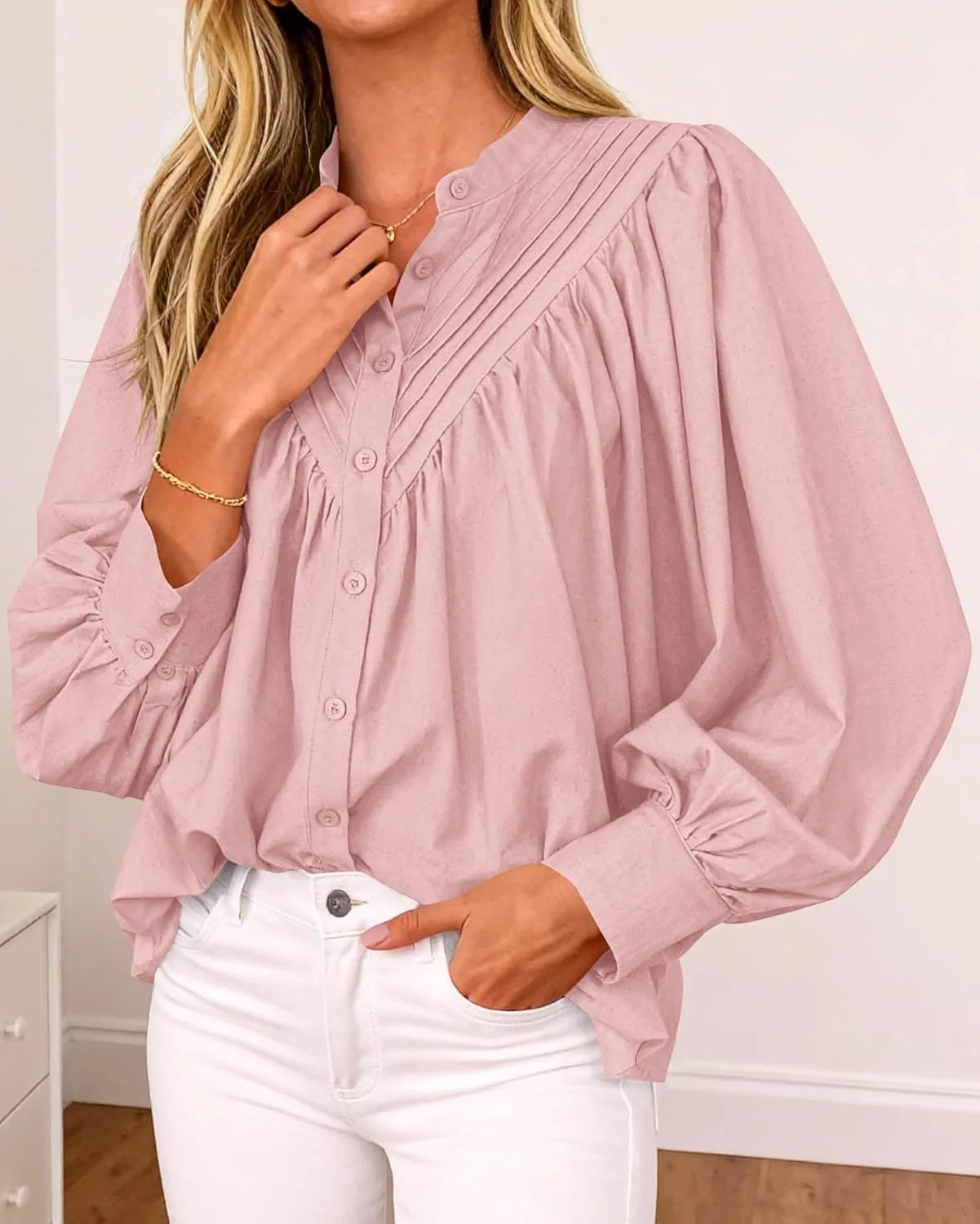 بلوز زنانه کیروندو، آستین پفی بلند، دکمه دار، مدل آزاد، یقه هفت، پلیسه دار، مناسب پاییز
