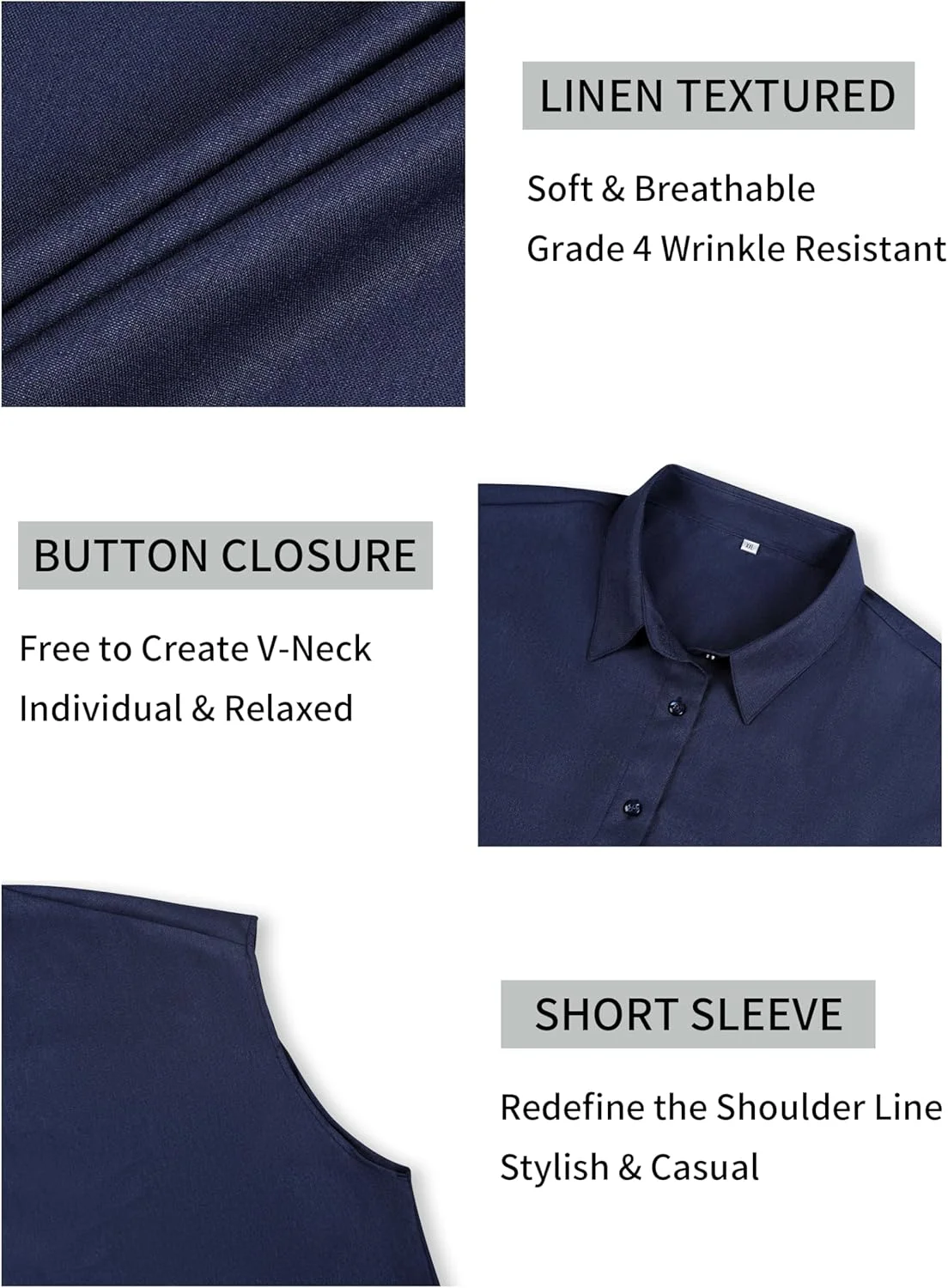 رویسن پیراهن زنانه آستین کوتاه دکمه دار با بافت کتان، بلوز یقه دار، تاپ های تابستانی مقاوم در برابر چروک