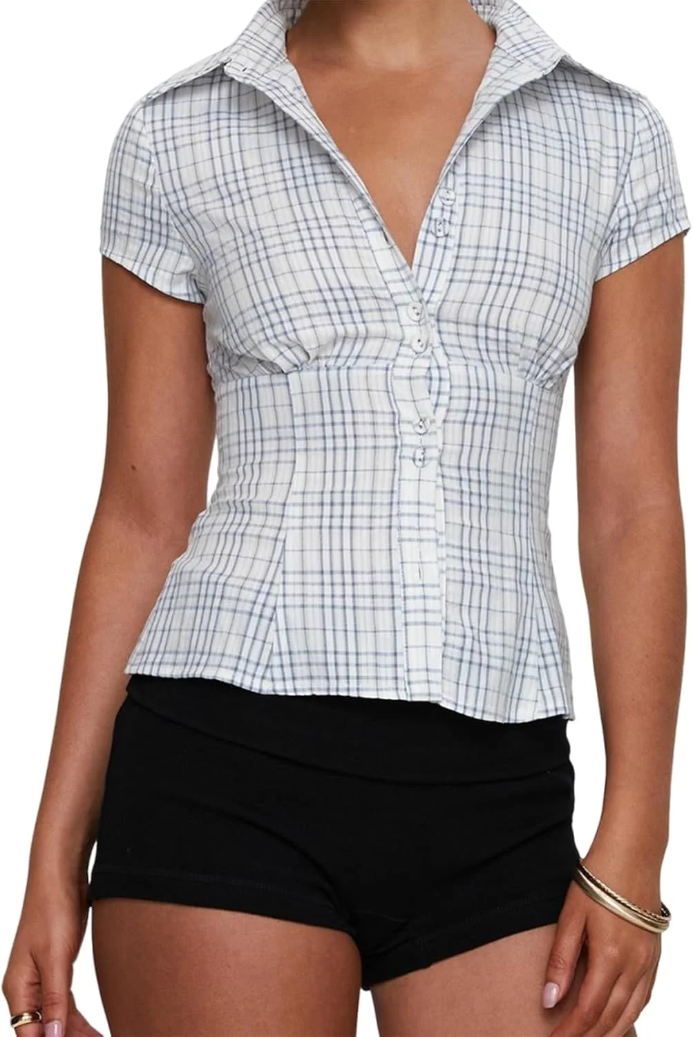 بلوز دکمه دار زنانه Y2k، آستین کوتاه، یقه هفت، تاپ کوتاه، پیراهن جذب، مدل Coquette