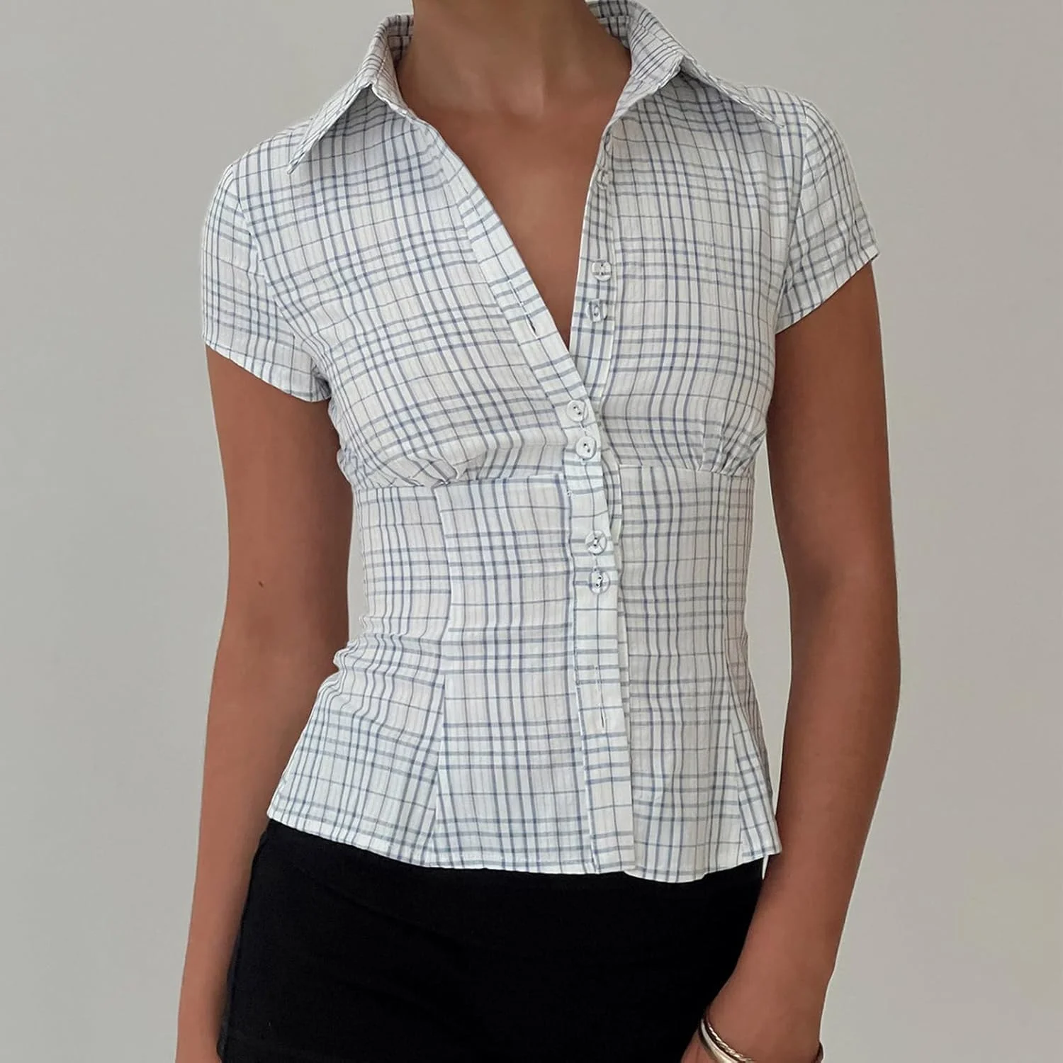بلوز دکمه دار زنانه Y2k، آستین کوتاه، یقه هفت، تاپ کوتاه، پیراهن جذب، مدل Coquette