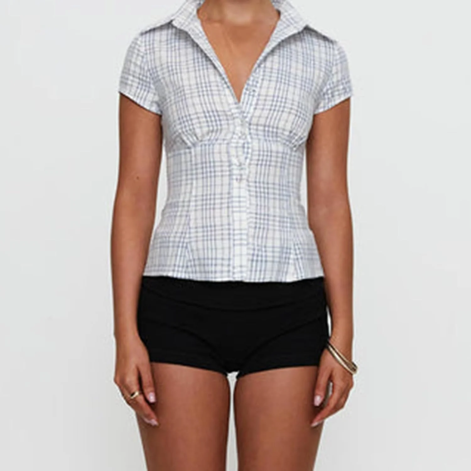 بلوز دکمه دار زنانه Y2k، آستین کوتاه، یقه هفت، تاپ کوتاه، پیراهن جذب، مدل Coquette