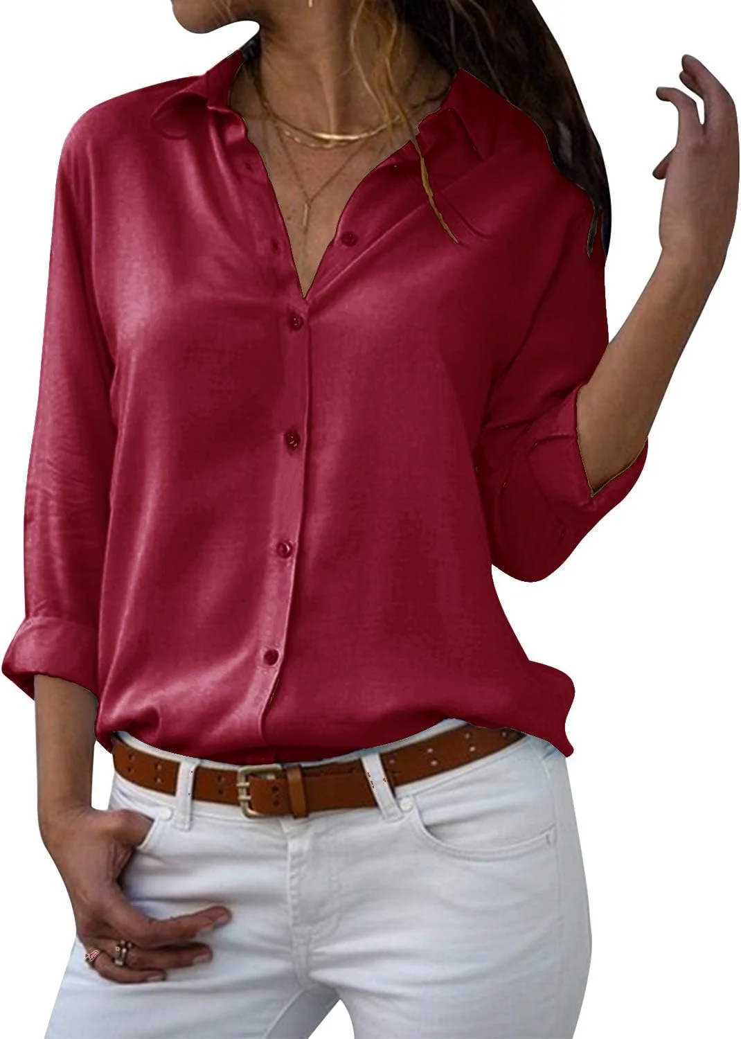 Cassiecy بلوز زنانه آستین بلند یقه هفت دکمه دار از جنس شیفون، مناسب استفاده روزمره - رنگ قرمز (Z-Red, L)