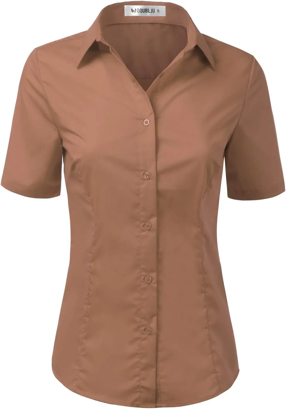 بلوز زنانه دکمه دار آستین کوتاه یقه دار کلاسیک ساده و جذب Doublju
