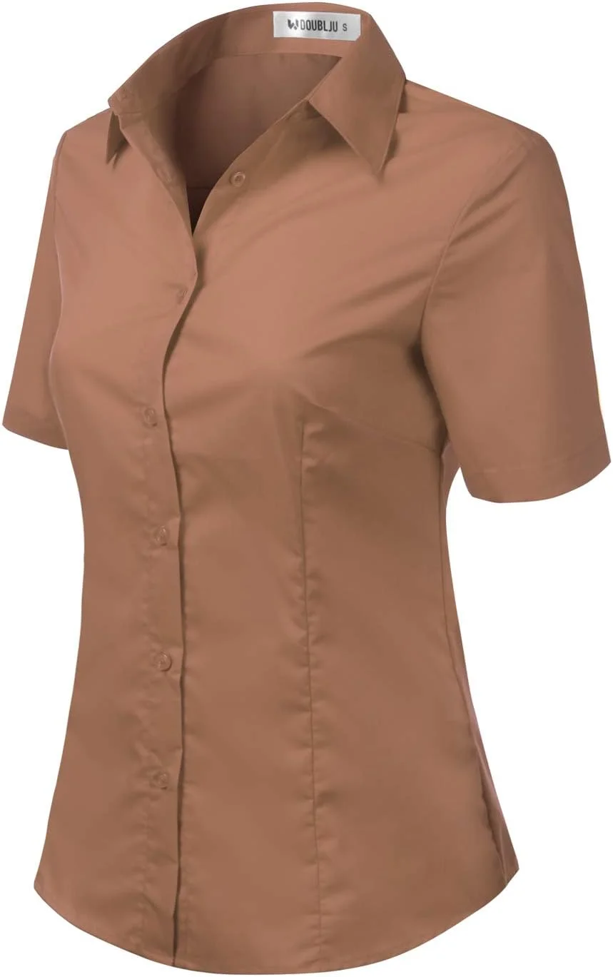 بلوز زنانه دکمه دار آستین کوتاه یقه دار کلاسیک ساده و جذب Doublju بلوز زنانه دکمه دار آستین کوتاه یقه دار کلاسیک ساده و جذب Doublju