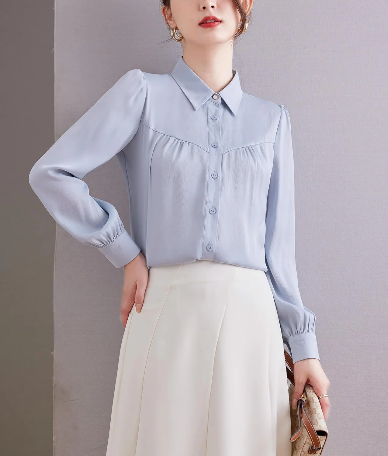 بلوز آستین بلند دکمه دار زنانه Double Plus، مناسب برای کار و مجالس