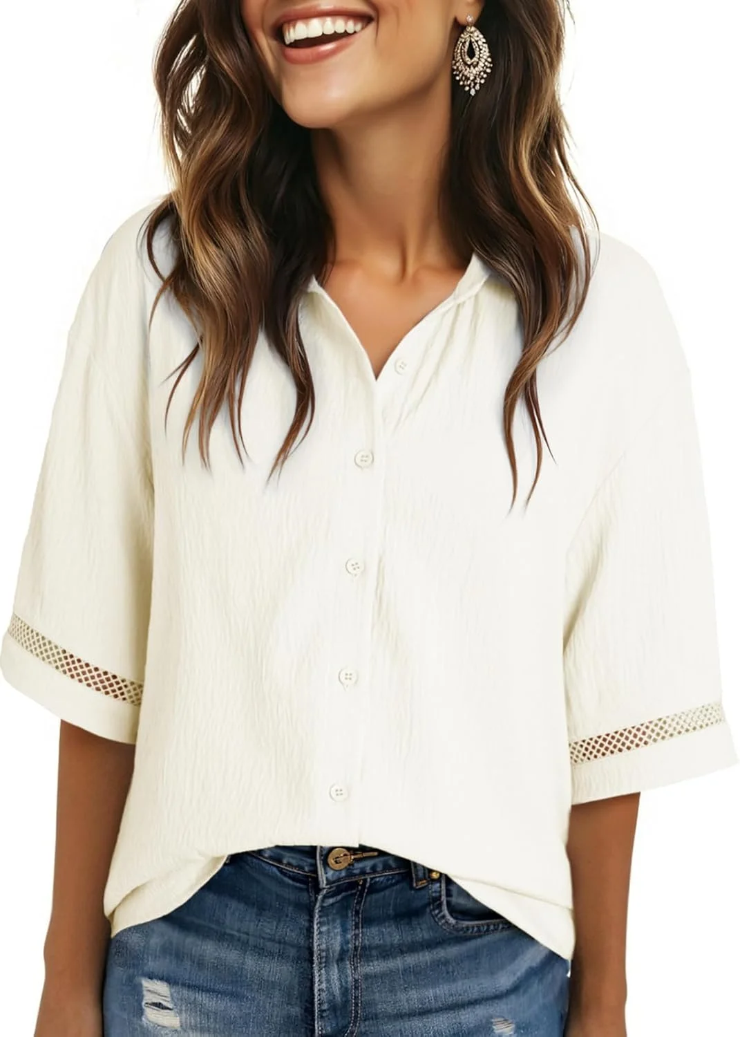 تاپ زنانه تابستانی Dokotoo، شومیز آستین کوتاه یقه هفت، بلوز دکمه دار، رنگ بژ، سایز S