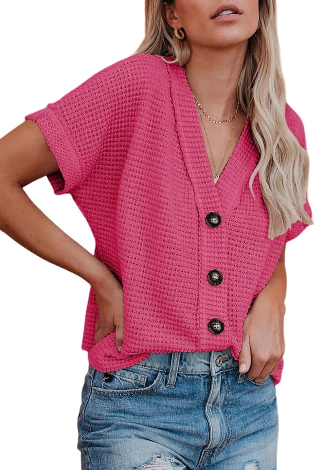 تاپ زنانه Dokotoo مدل تابستانی 2025 بافت وافل دکمه دار، پیراهن های غیر رسمی یقه هفت آستین کوتاه، کت شاکت، بلوزهای مجلسی