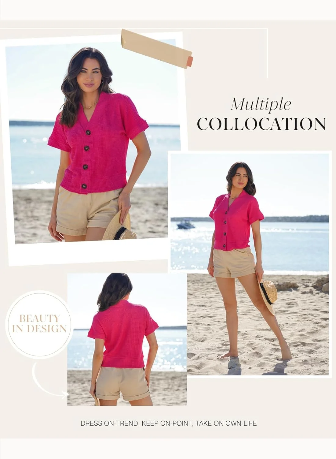 تاپ زنانه Dokotoo مدل تابستانی 2025 بافت وافل دکمه دار، پیراهن های غیر رسمی یقه هفت آستین کوتاه، کت شاکت، بلوزهای مجلسی