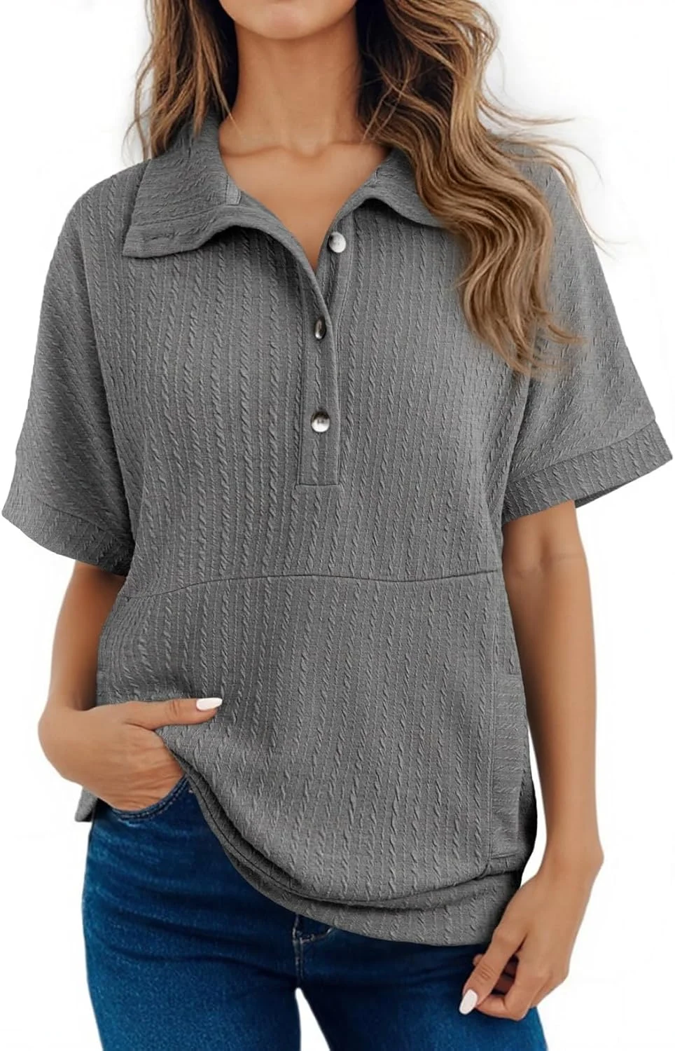 Dokotoo پیراهن زنانه بهاره و تابستانه آستین کوتاه دکمه دار یقه برگردان یقه هفت مدل گشاد و بزرگ تاپ های غیر رسمی