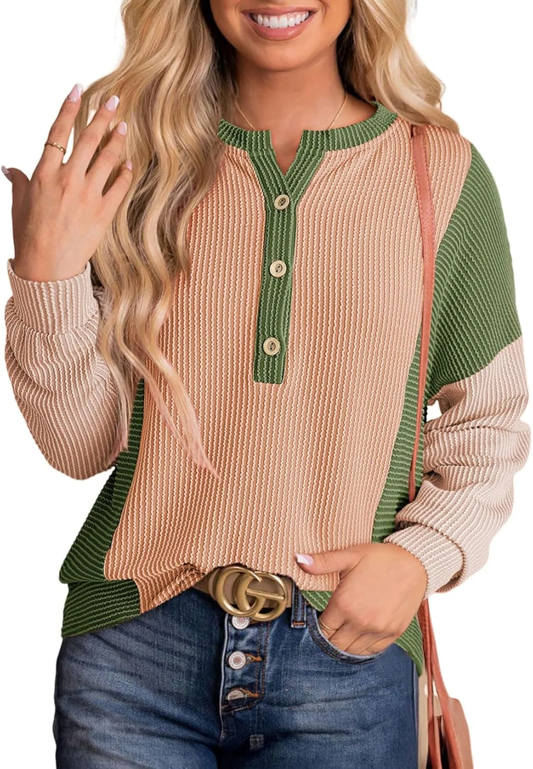 Dokotoo بلوز بافتنی آستین بلند زنانه با طرح رنگی، یقه هفت و دکمه دار