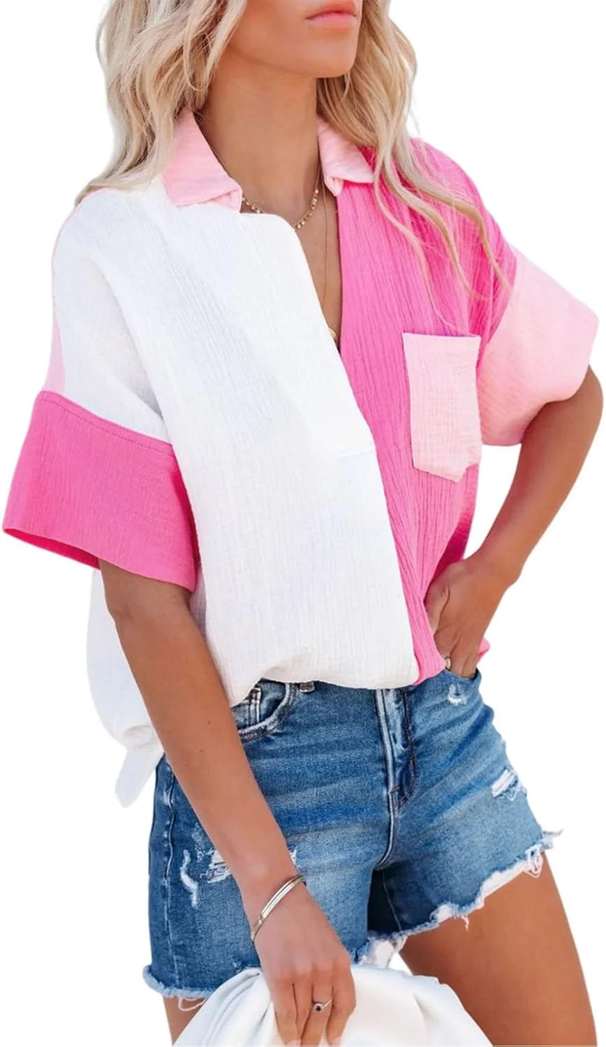 Dokotoo بلوز زنانه آستین کوتاه یقه هفت دکمه دار طرح رنگی، لباس زنانه، 1 رز، XL