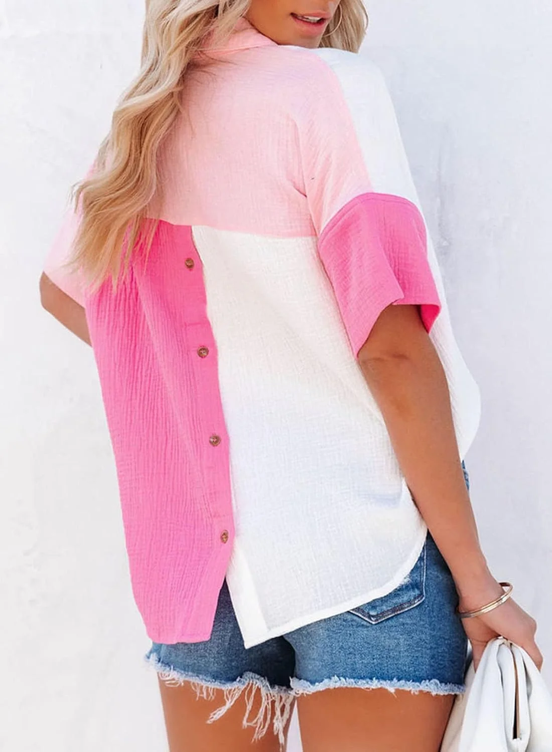 Dokotoo بلوز زنانه آستین کوتاه یقه هفت دکمه دار طرح رنگی، لباس زنانه، 1 رز، XL