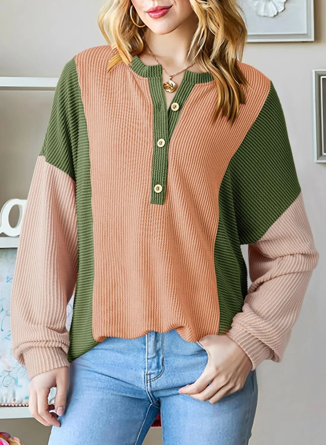 Dokotoo بلوز بافتنی آستین بلند زنانه با طرح رنگی، یقه هفت و دکمه دار Dokotoo بلوز بافتنی آستین بلند زنانه با طرح رنگی، یقه هفت و دکمه دار