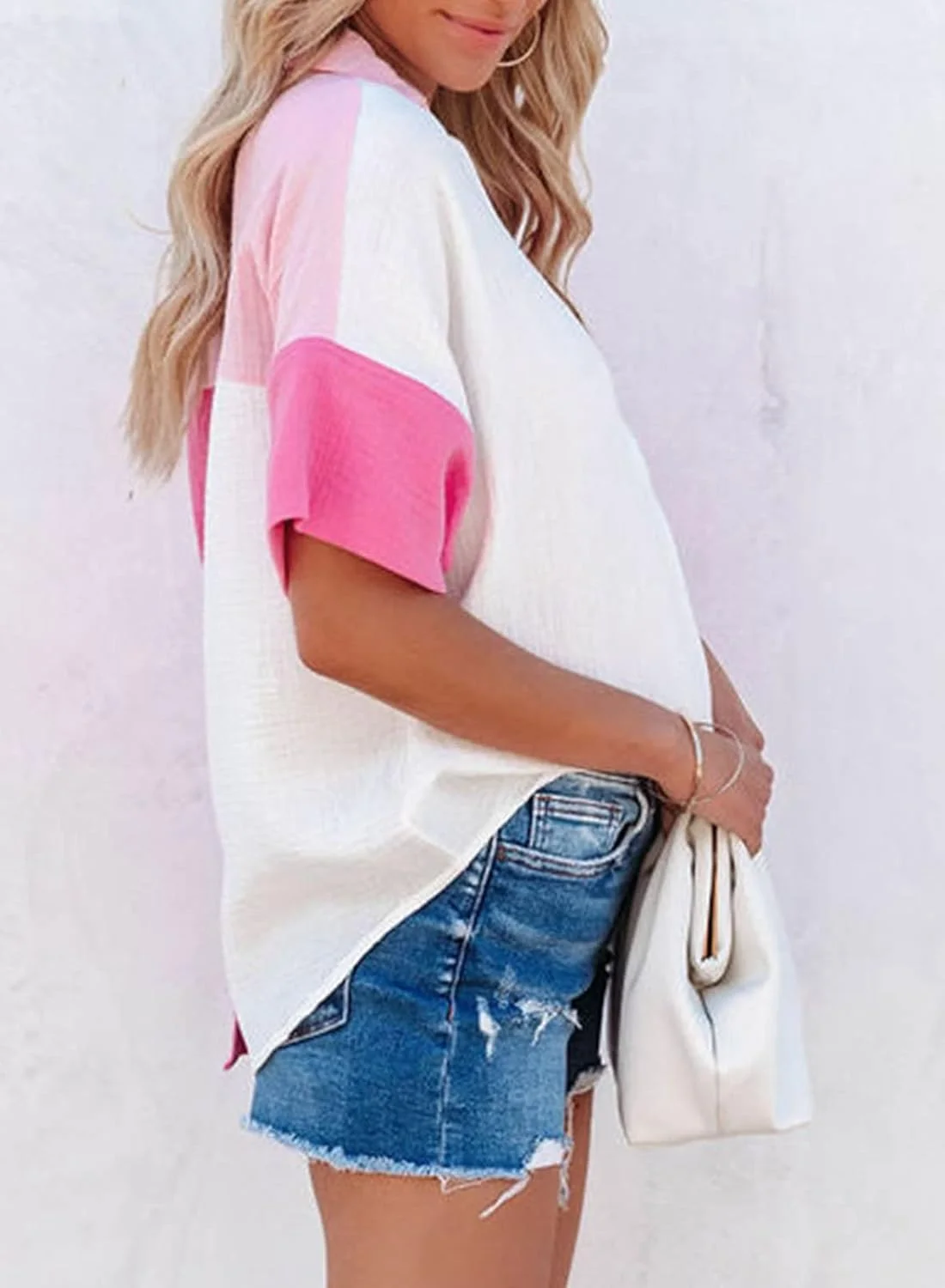 Dokotoo بلوز زنانه آستین کوتاه یقه هفت دکمه دار طرح رنگی، لباس زنانه، 1 رز، XL