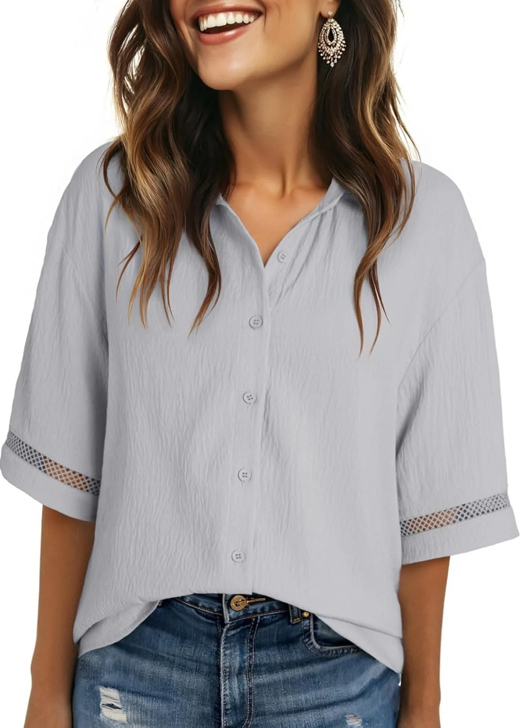 تاپ زنانه Dokotoo مناسب تابستان، شومیز آستین کوتاه یقه هفت دکمه دار، خاکستری، سایز S