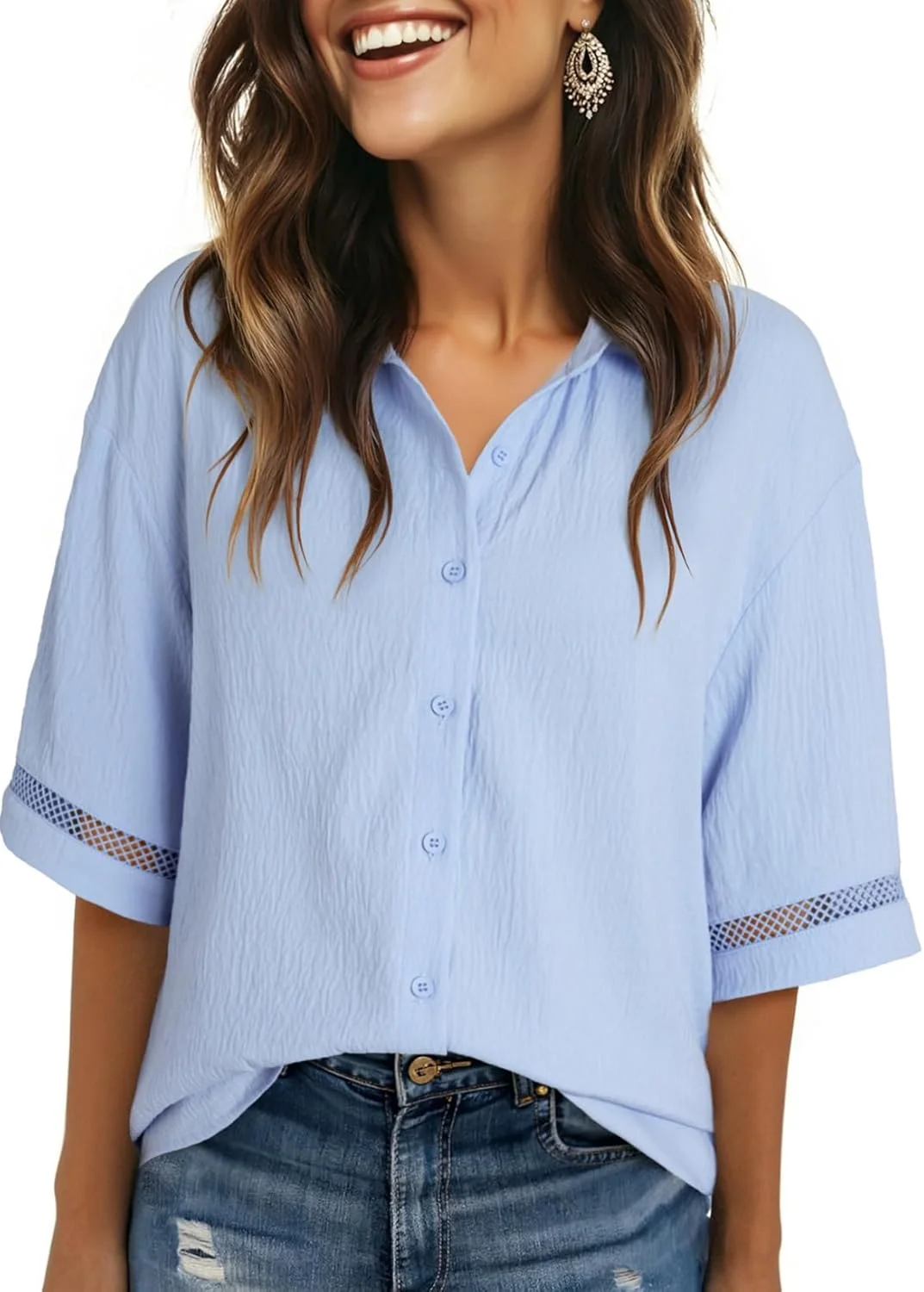 تاپ زنانه Dokotoo، مناسب تابستان، شیک و غیر رسمی، یقه هفت، آستین کوتاه، بلوز دکمه دار، آبی، سایز S