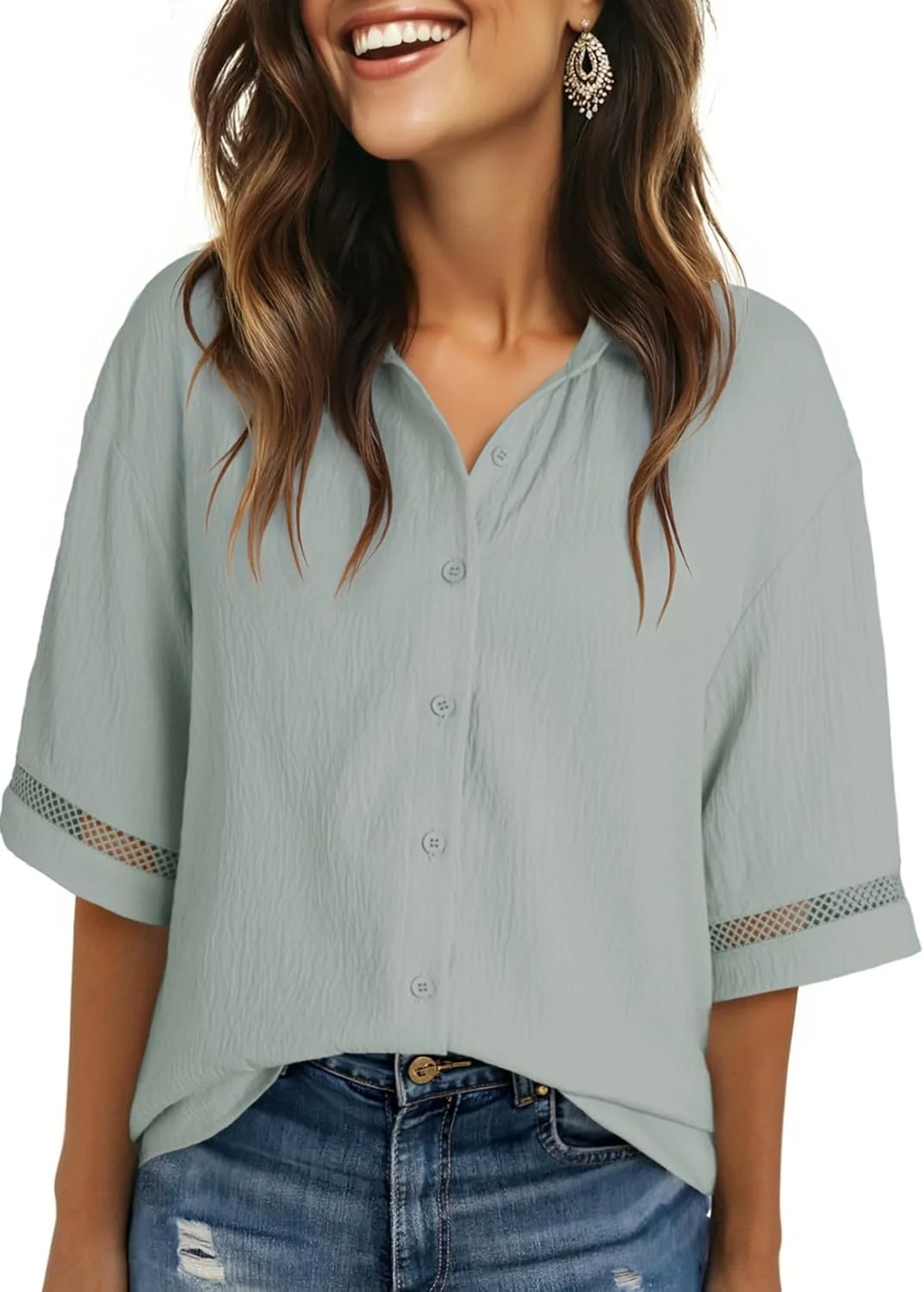 تاپ های زنانه تابستانی Dokotoo، لباس های غیر رسمی، یقه هفت، آستین کوتاه، بلوزهای دکمه دار یکدست، سبز، سایز S
