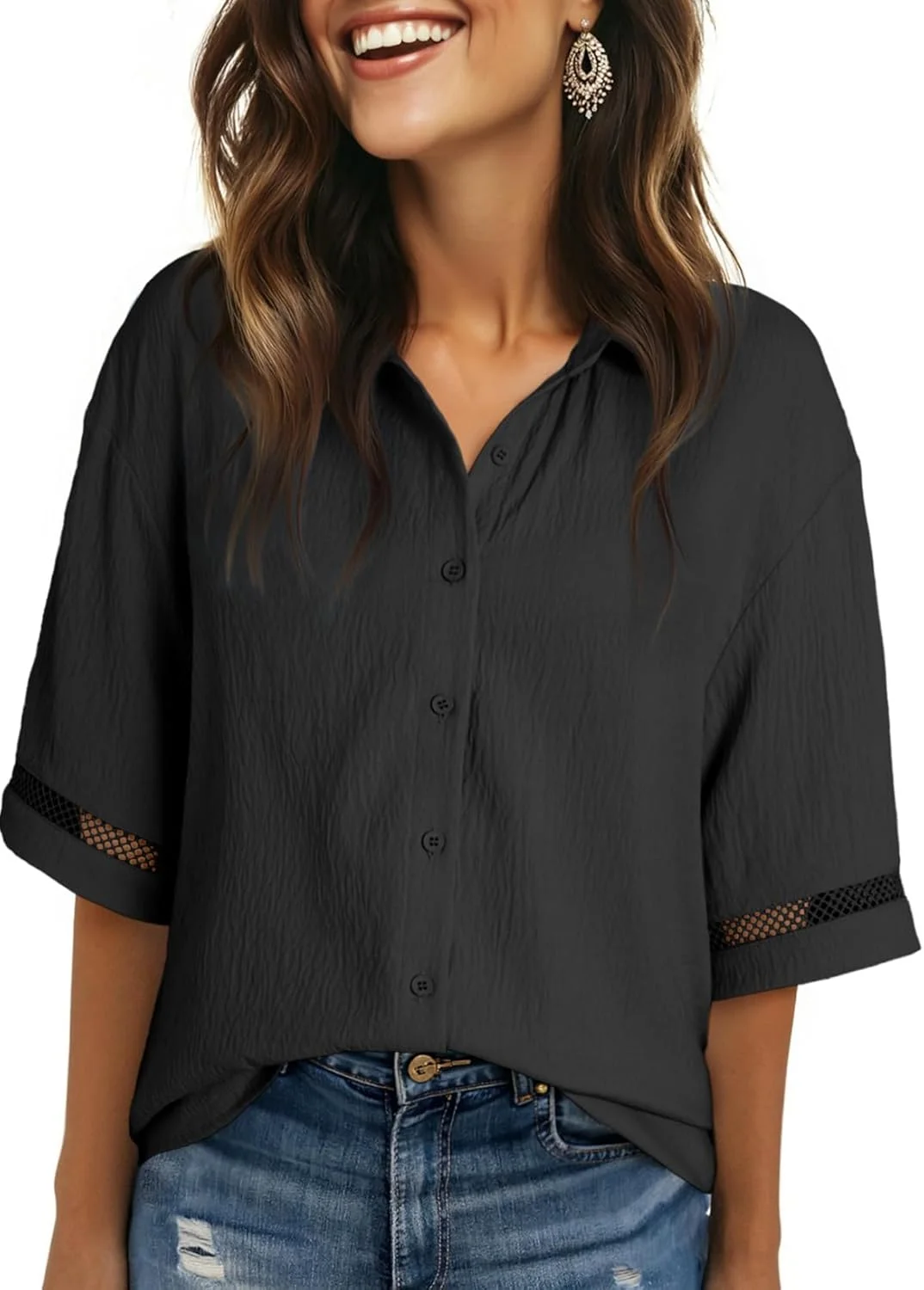 تاپ زنانه Dokotoo، مناسب تابستان، یقه هفت، آستین کوتاه، بلوز دکمه دار، مشکی، سایز M