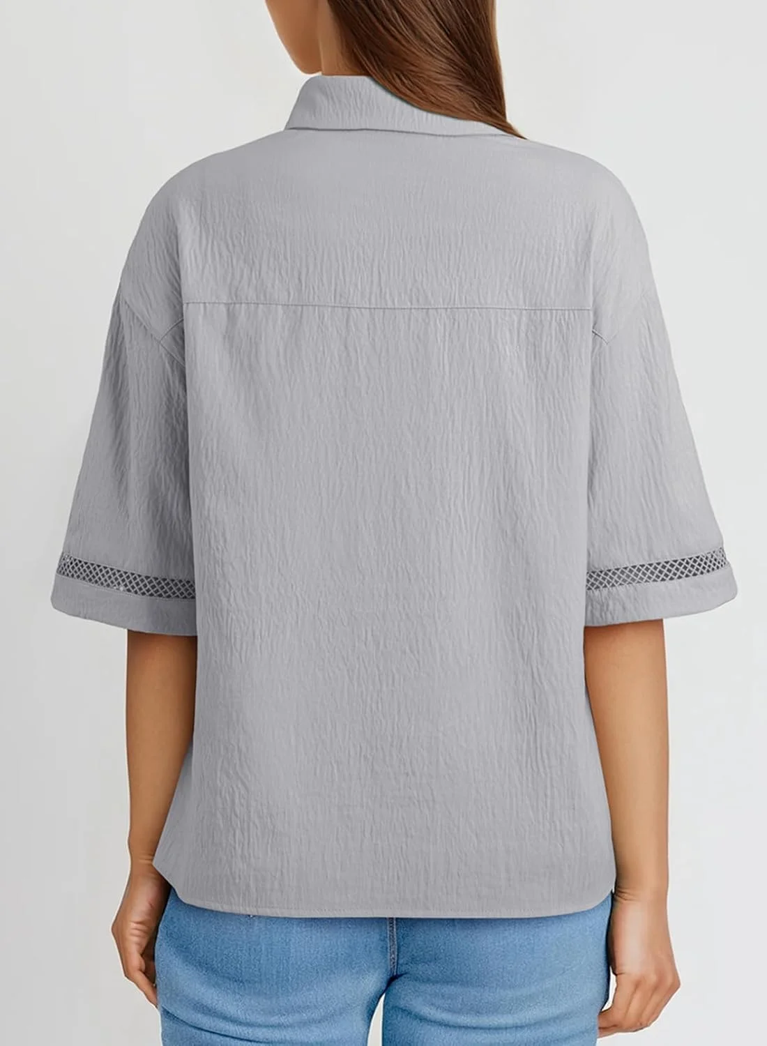 تاپ زنانه Dokotoo مناسب تابستان، شومیز آستین کوتاه یقه هفت دکمه دار، خاکستری، سایز S تاپ زنانه Dokotoo مناسب تابستان، شومیز آستین کوتاه یقه هفت دکمه دار، خاکستری، سایز S