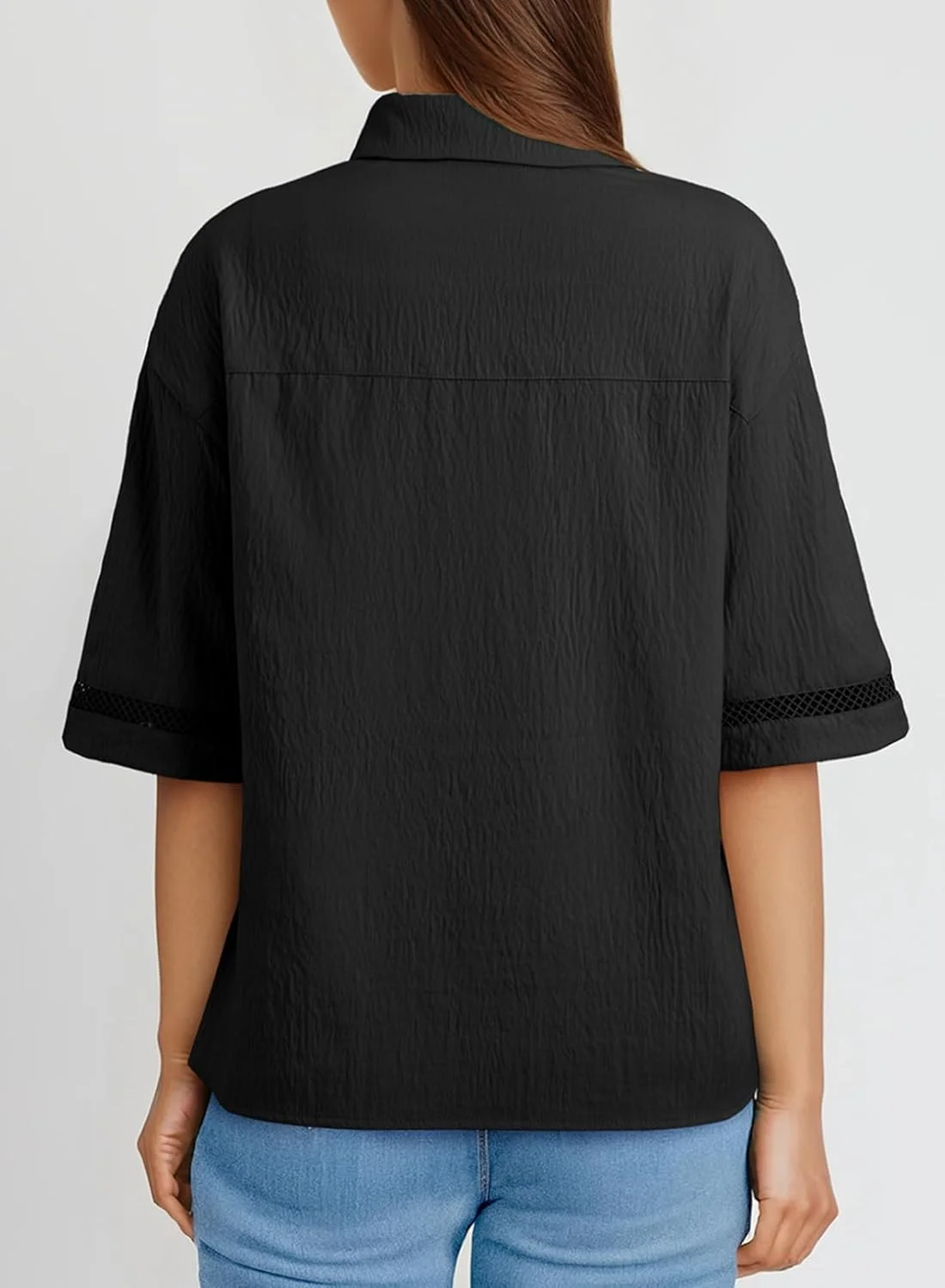 تاپ زنانه Dokotoo، مناسب تابستان، شیک و غیر رسمی، یقه هفت، آستین کوتاه، بلوز دکمه دار یکدست، مشکی، سایز S