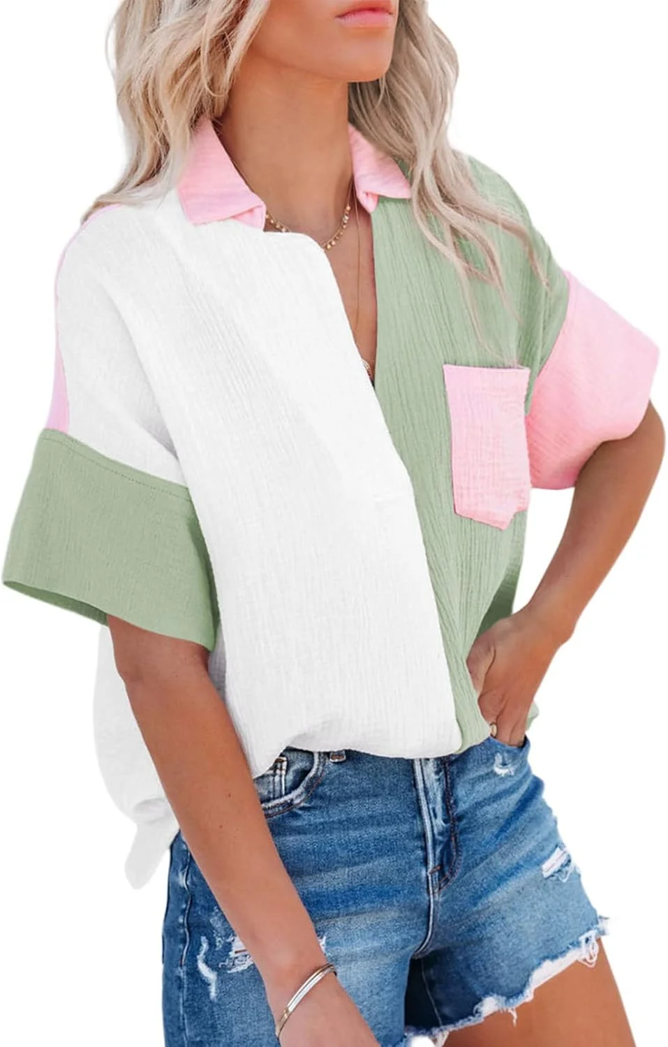 Dokotoo بلوز زنانه آستین کوتاه یقه هفت، طرح رنگی دکمه دار پشت، سبز، سایز S