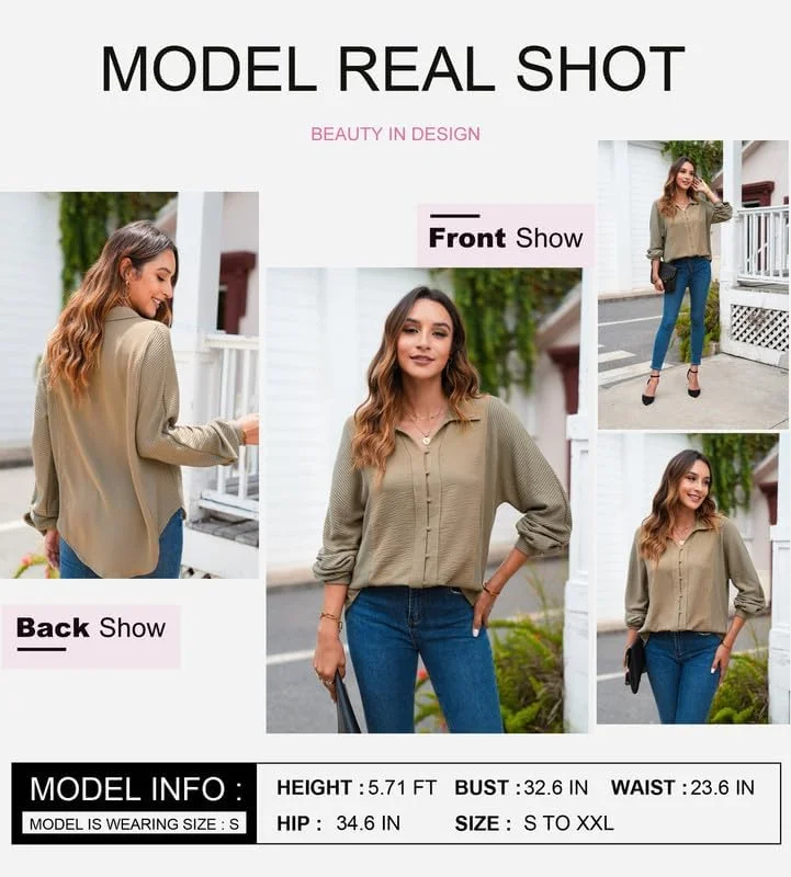 پیراهن های دکمه دار زنانه Dokotoo، مدل کژوال، ترند 2024، آستین بلند، یقه هفت، بافت دار، طرح وافل، مناسب استایل های ساده و رسمی