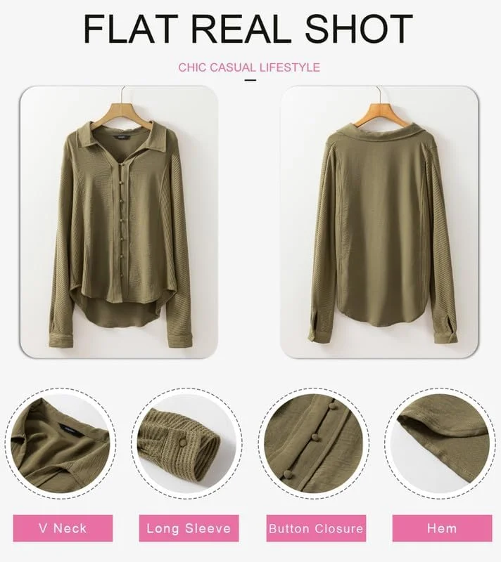 پیراهن های دکمه دار زنانه Dokotoo، مدل کژوال، ترند 2024، آستین بلند، یقه هفت، بافت دار، طرح وافل، مناسب استایل های ساده و رسمی