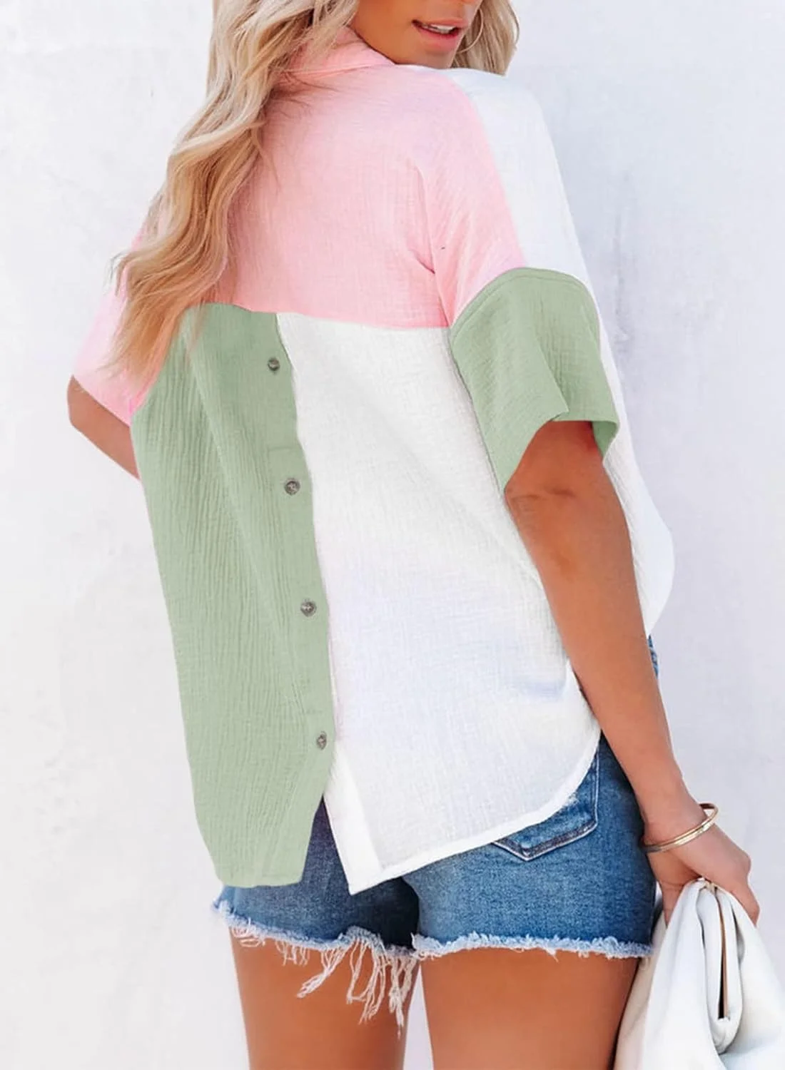 Dokotoo بلوز زنانه آستین کوتاه یقه هفت، طرح رنگی دکمه دار پشت، سبز، سایز S Dokotoo بلوز زنانه آستین کوتاه یقه هفت، طرح رنگی دکمه دار پشت، سبز، سایز S