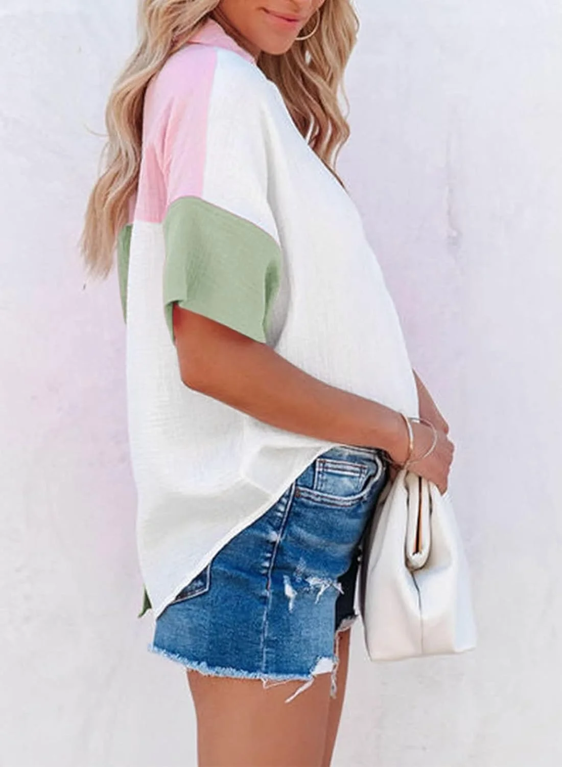 Dokotoo بلوز زنانه آستین کوتاه یقه هفت، طرح رنگی دکمه دار پشت، سبز، سایز S Dokotoo بلوز زنانه آستین کوتاه یقه هفت، طرح رنگی دکمه دار پشت، سبز، سایز S