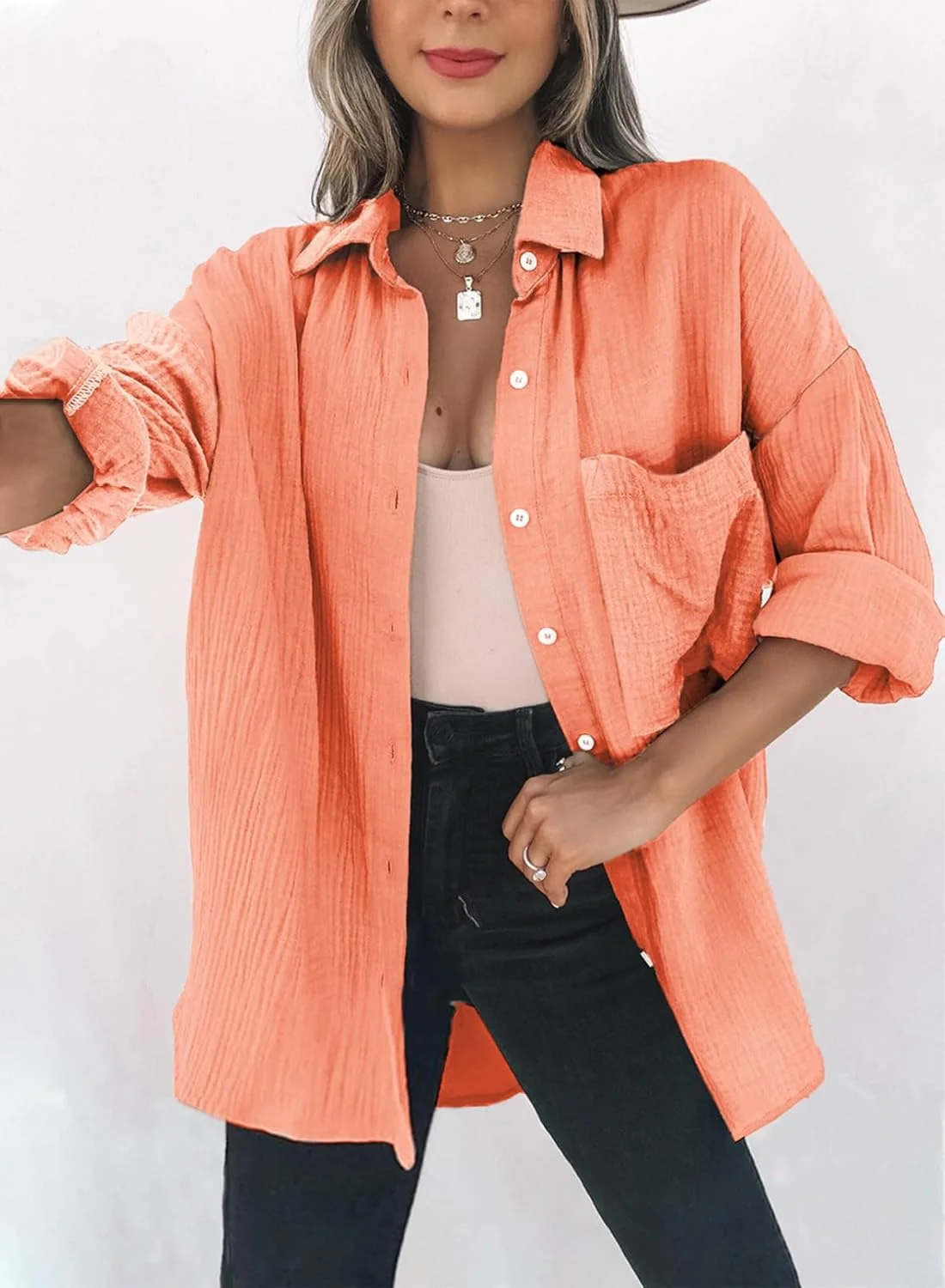 بلوز زنانه Dokotoo، پیراهن آستین بلند موسلین، تاپ های کژوال نخی، پیراهن آستین بلند ساده، پیراهن های رنگی، کت پیراهن سایز S-XXL