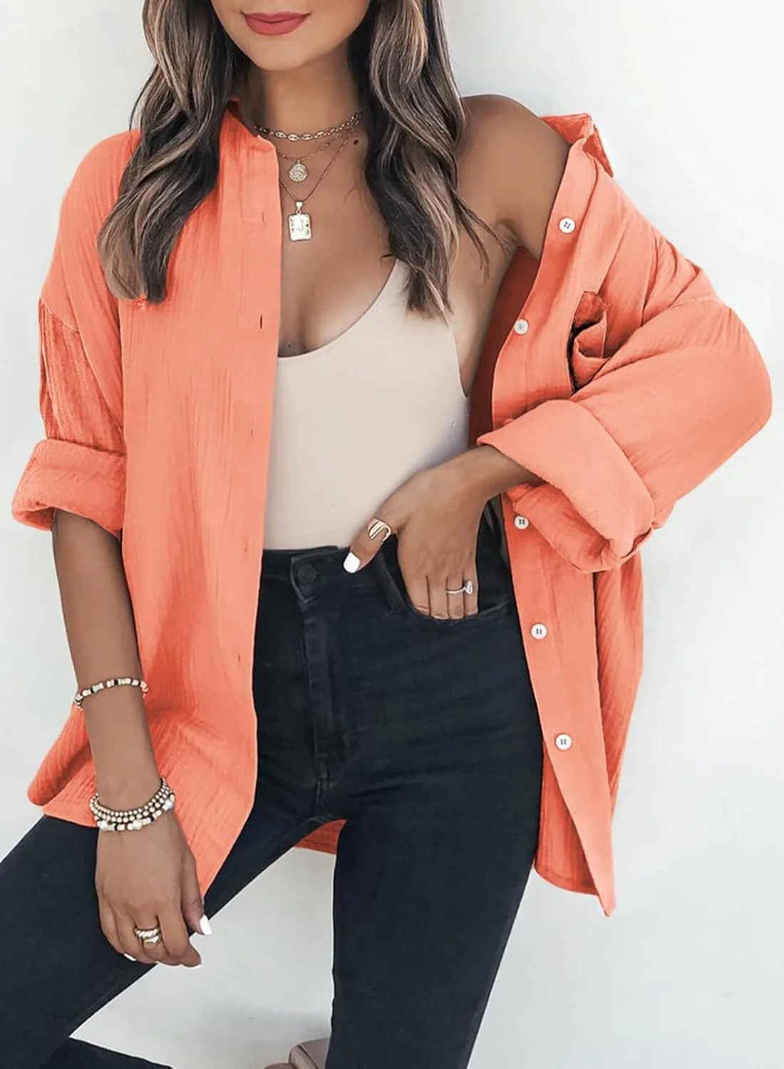 بلوز زنانه Dokotoo، پیراهن آستین بلند موسلین، تاپ های کژوال نخی، پیراهن آستین بلند ساده، پیراهن های رنگی، کت پیراهن سایز S-XXL