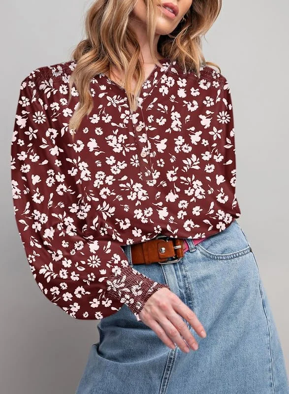 Dokotoo بلوز زنانه آستین بلند یقه هفت طرح گل‌دار، دکمه‌دار و مدل بوهمی
