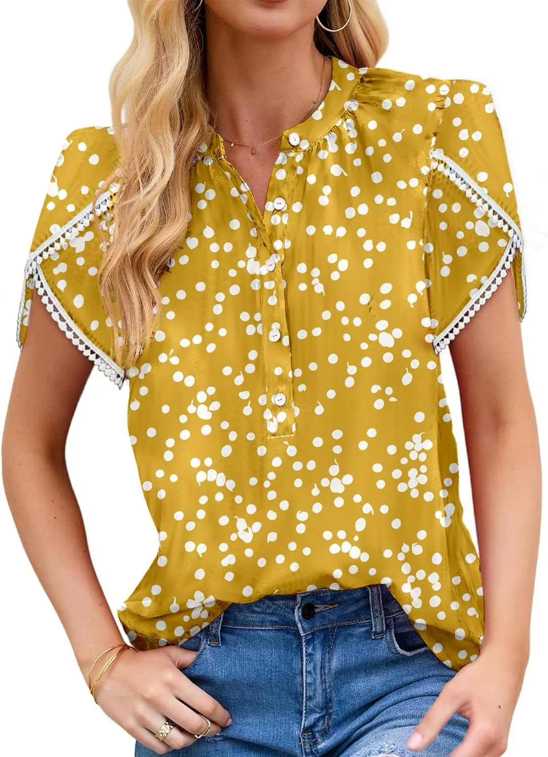 تاپ زنانه Dokotoo، بلوزهای آستین کوتاه یقه هفت دکمه دار طرح گلدار به سبک بوهو، مناسب تابستان