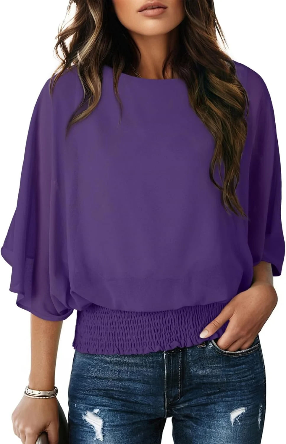 تاپ زنانه Dokotoo آستین سه ربع، یقه گرد، بلوزهای شیفون رسمی و غیر رسمی