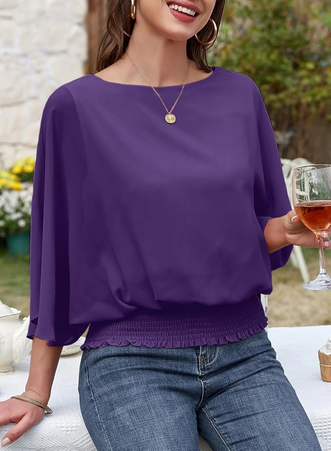 تاپ زنانه Dokotoo آستین سه ربع، یقه گرد، بلوزهای شیفون رسمی و غیر رسمی