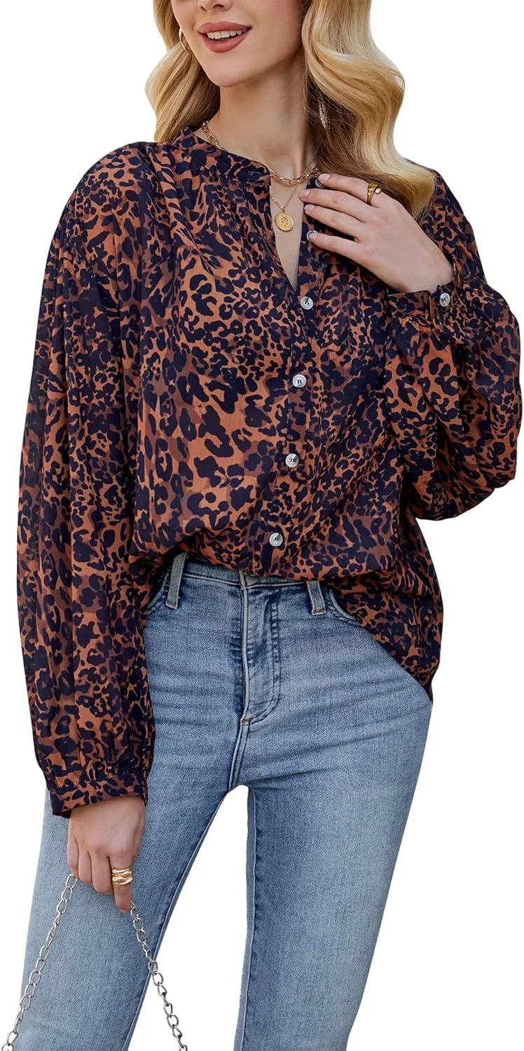 دی-سان پیراهن زنانه طرح دار دکمه دار بلوز آستین بلند یقه گرد فانوسی خفاشی غیر رسمی شیفون تاپ های گشاد مجلسی