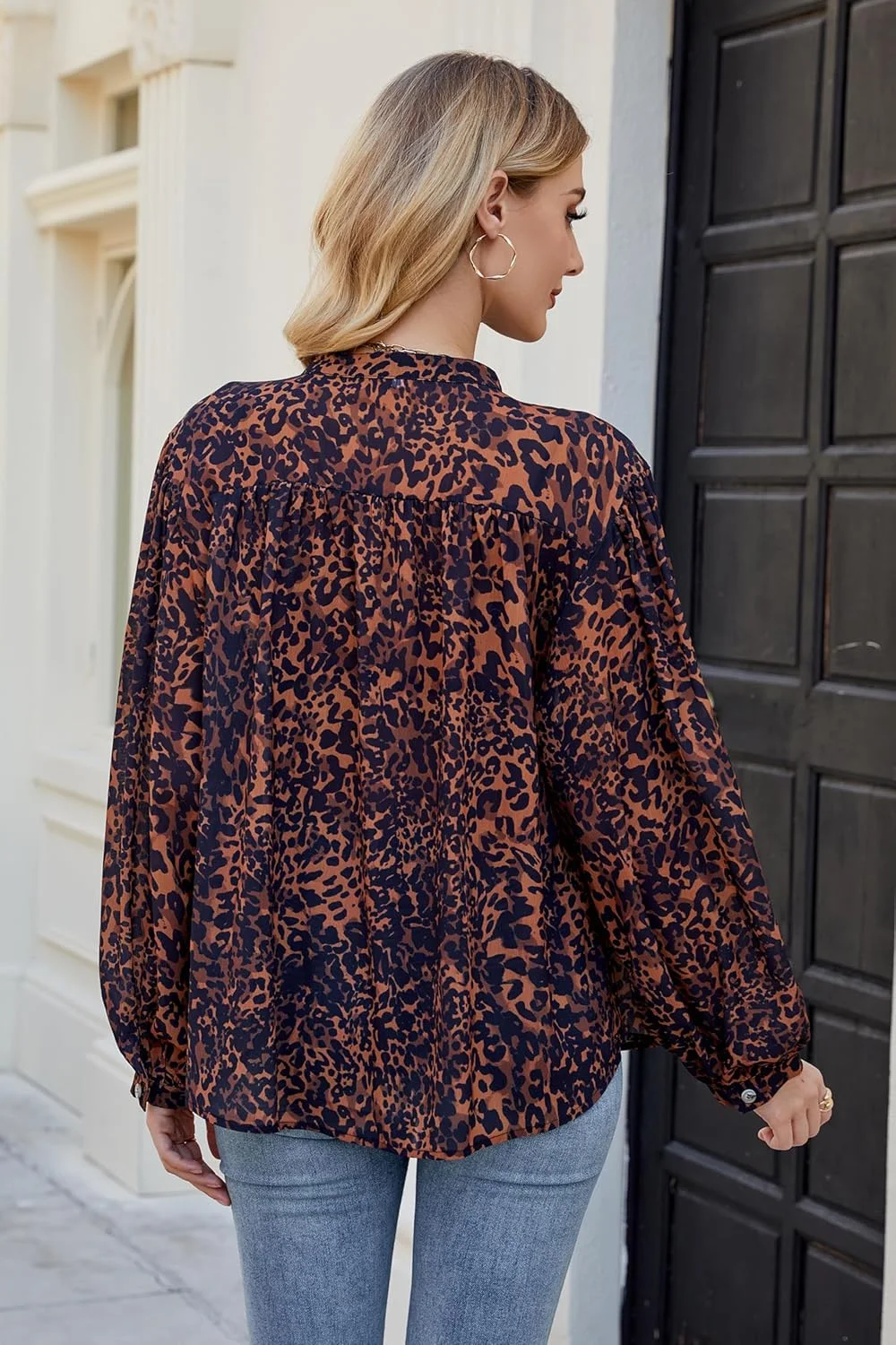 دی-سان پیراهن زنانه طرح دار دکمه دار بلوز آستین بلند یقه گرد فانوسی خفاشی غیر رسمی شیفون تاپ های گشاد مجلسی