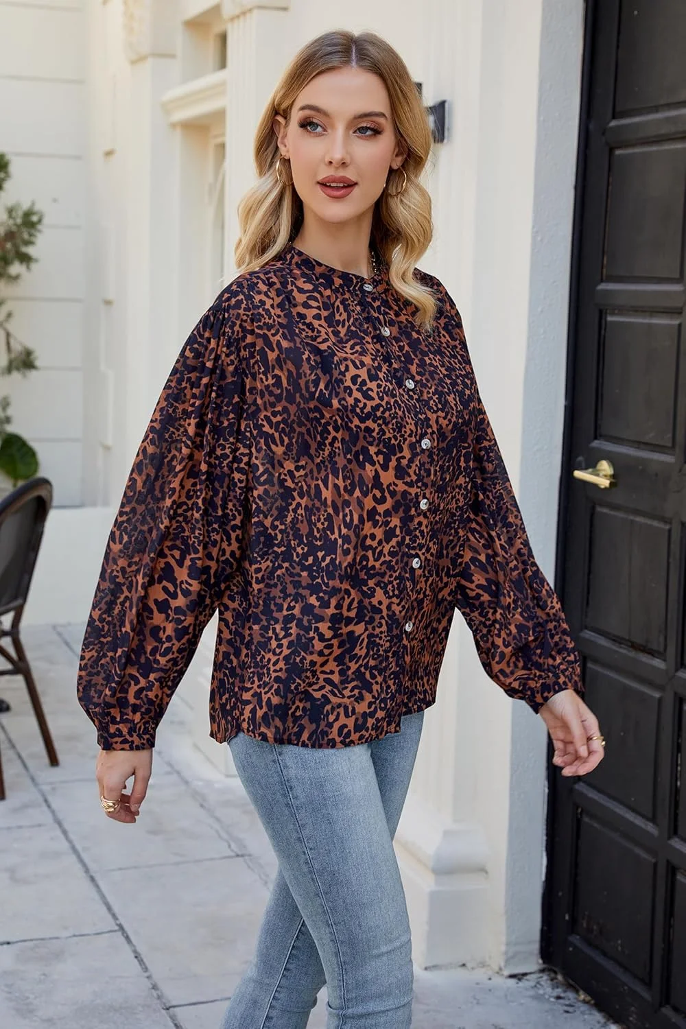 دی-سان پیراهن زنانه طرح دار دکمه دار بلوز آستین بلند یقه گرد فانوسی خفاشی غیر رسمی شیفون تاپ های گشاد مجلسی